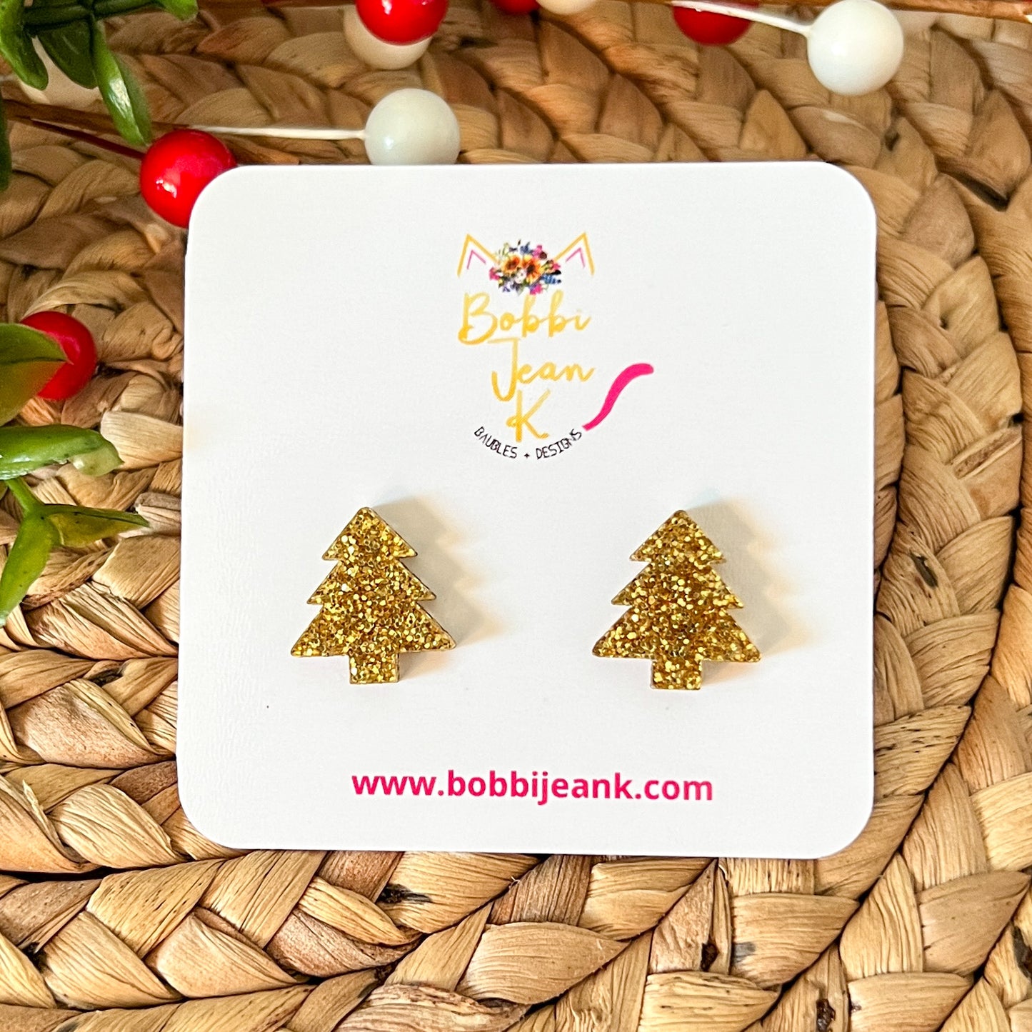 Tree Shape Glittered Acrylic Studs: Choose From Green, Silver, or Gold