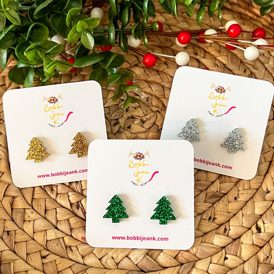Tree Shape Glittered Acrylic Studs: Choose From Green, Silver, or Gold
