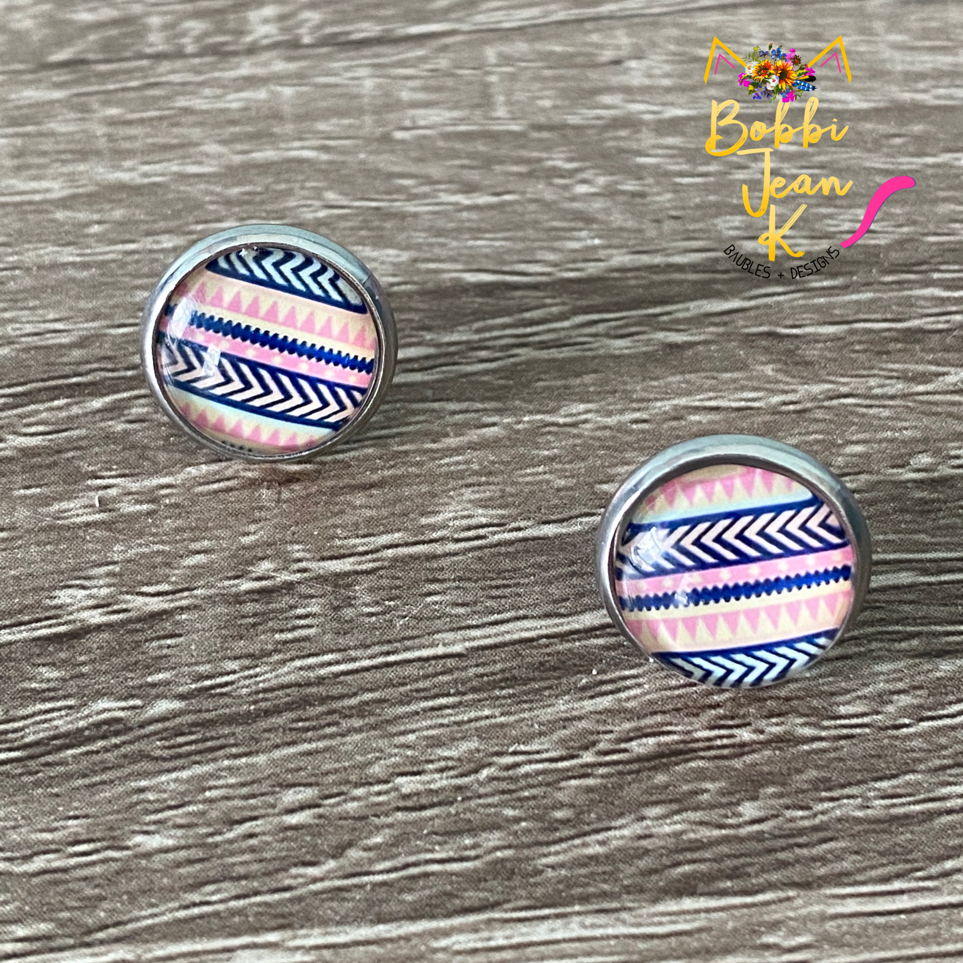 Aztec Glass Studs- Gold or Silver Option- 12mm