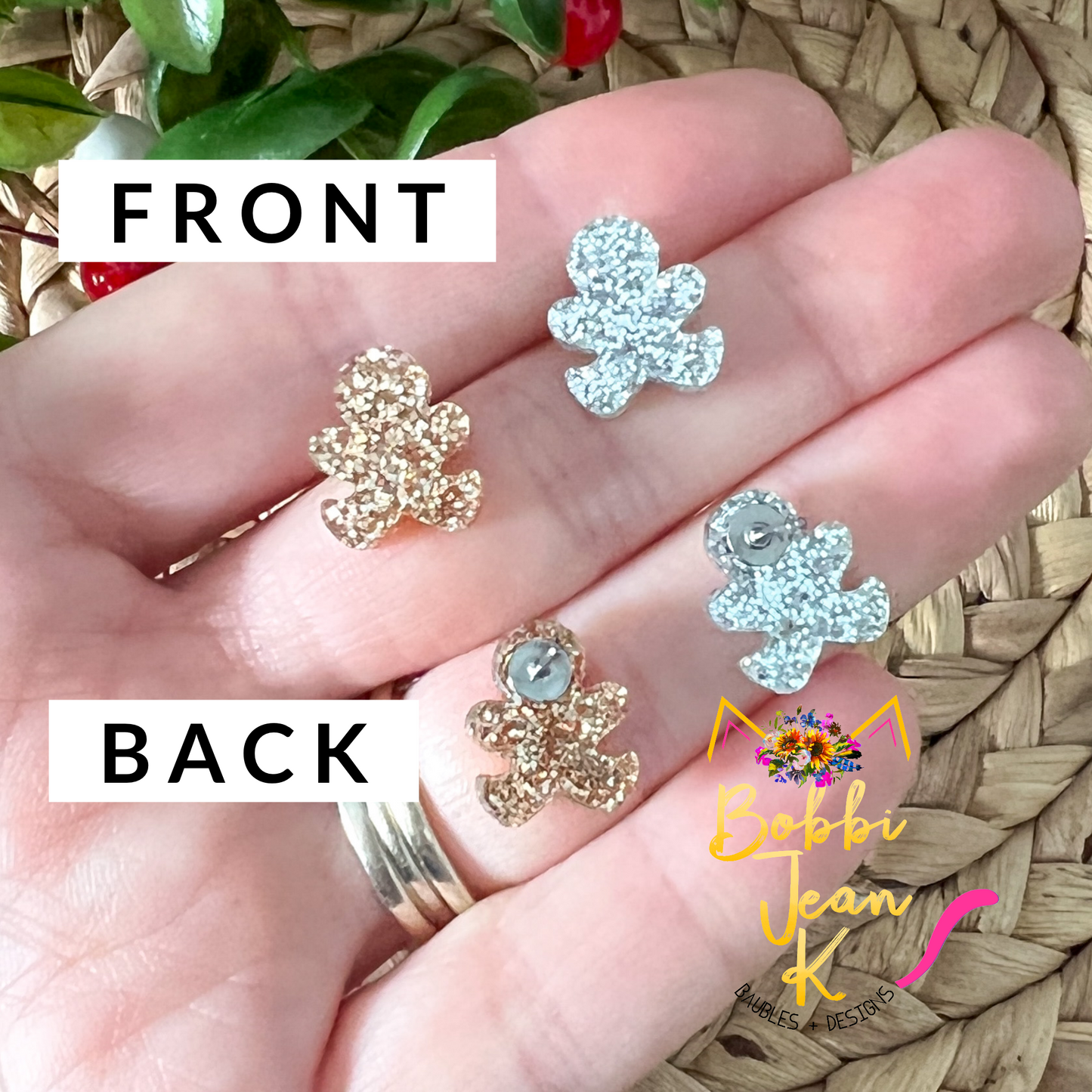 Gingerbread Men Glittered Acrylic Studs: Choose From Topaz or Silver