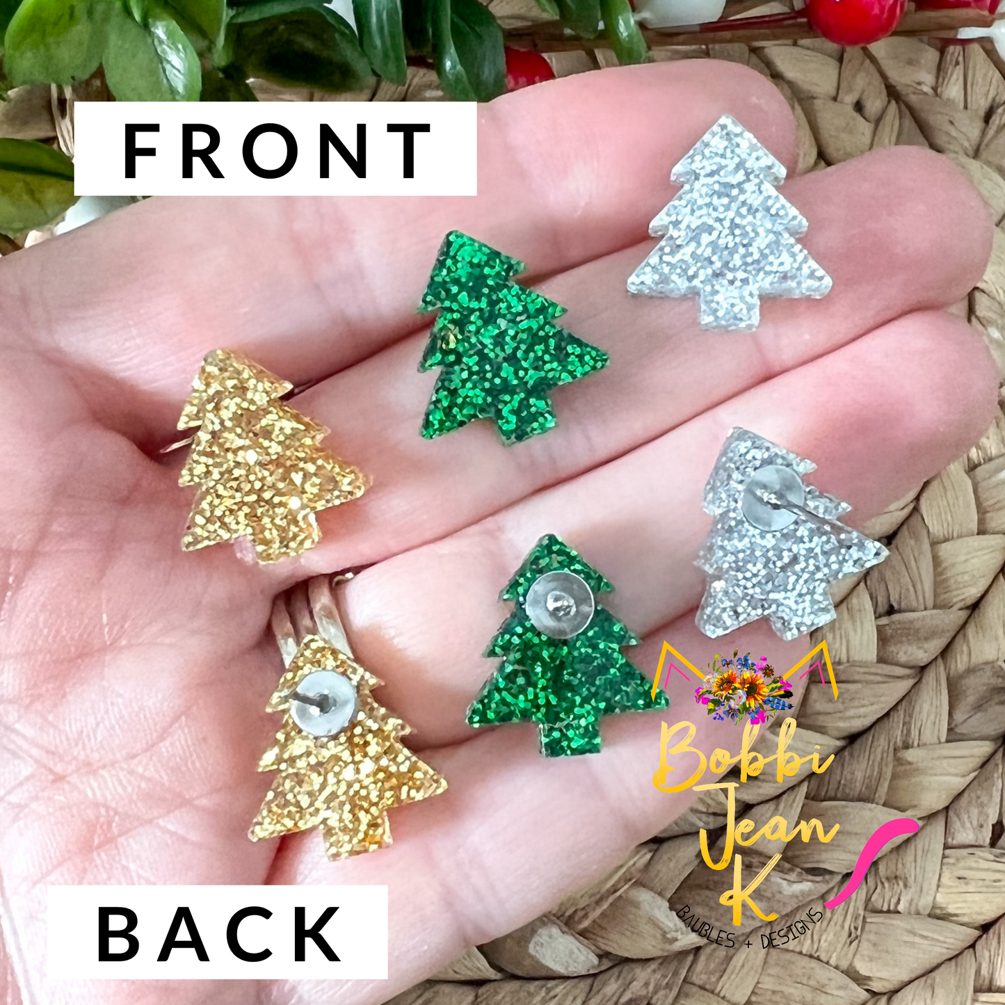 Tree Shape Glittered Acrylic Studs: Choose From Green, Silver, or Gold