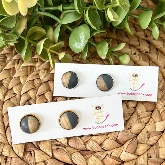 SALE: Gray Wood & Resin Studs 12mm: Choose Silver or Gold Settings - LAST CHANCE