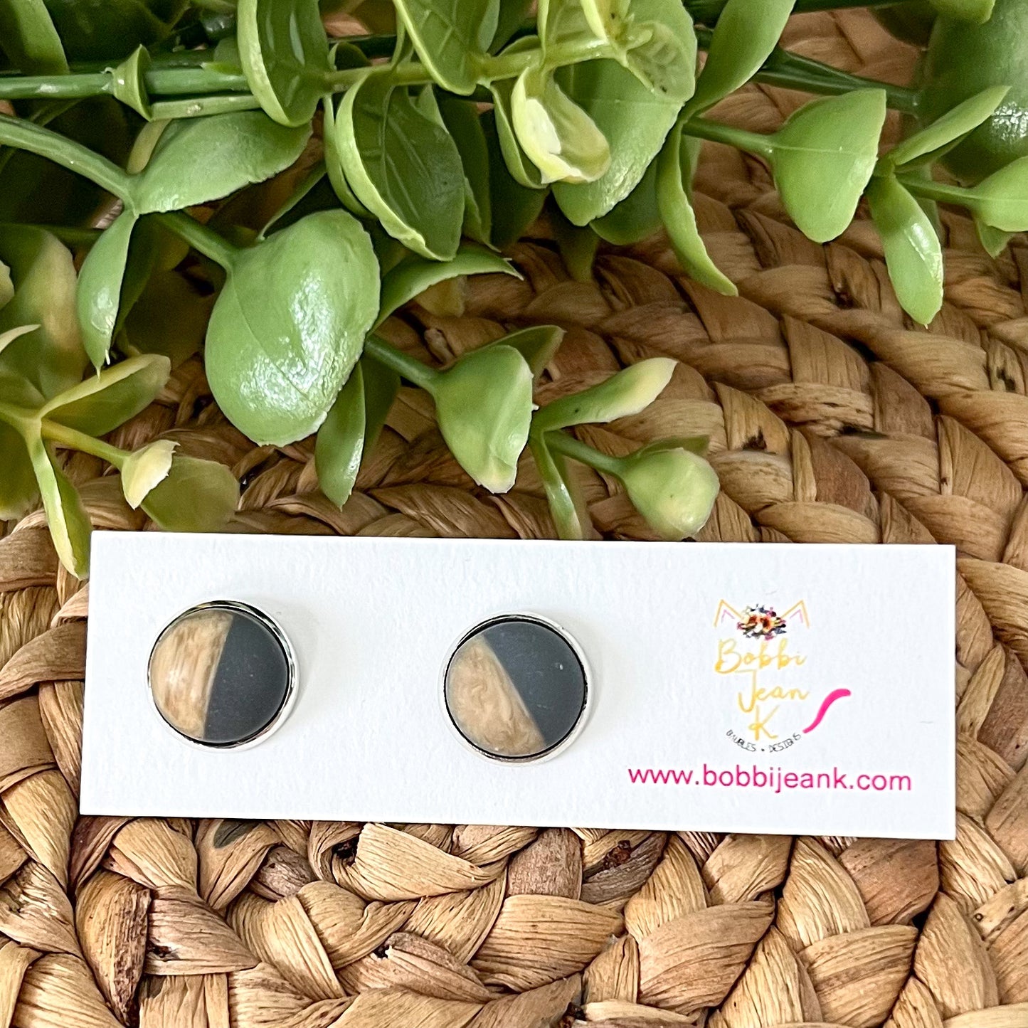SALE: Gray Wood & Resin Studs 12mm: Choose Silver or Gold Settings - LAST CHANCE