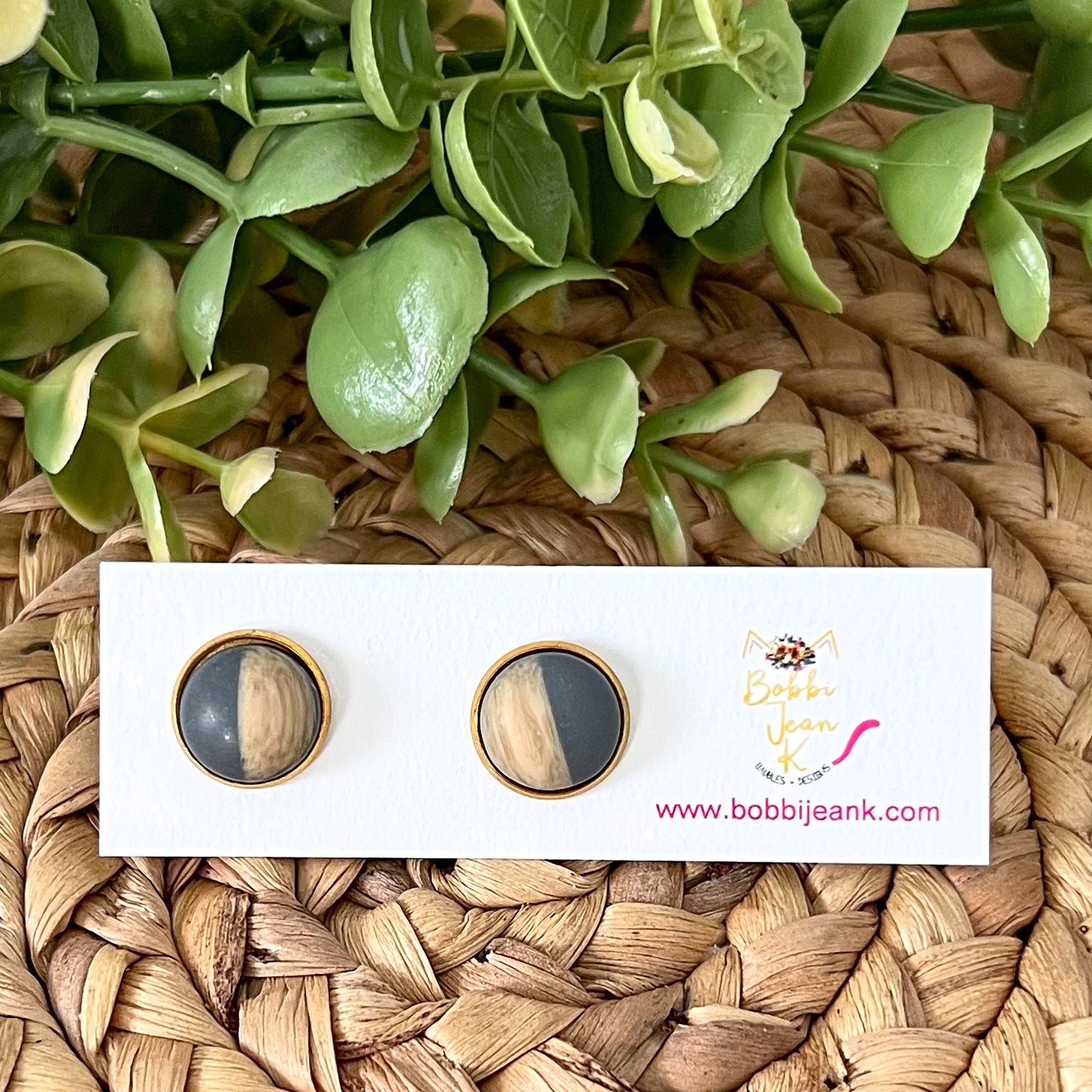 SALE: Gray Wood & Resin Studs 12mm: Choose Silver or Gold Settings - LAST CHANCE