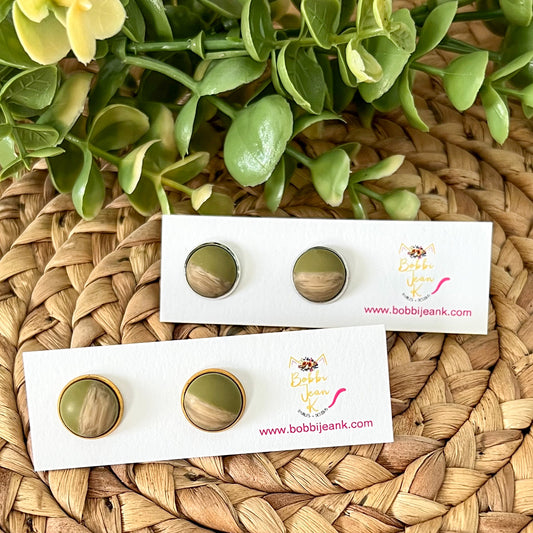SALE: Olive Green Wood & Resin Studs 12mm: Choose Silver or Gold Settings - LAST CHANCE