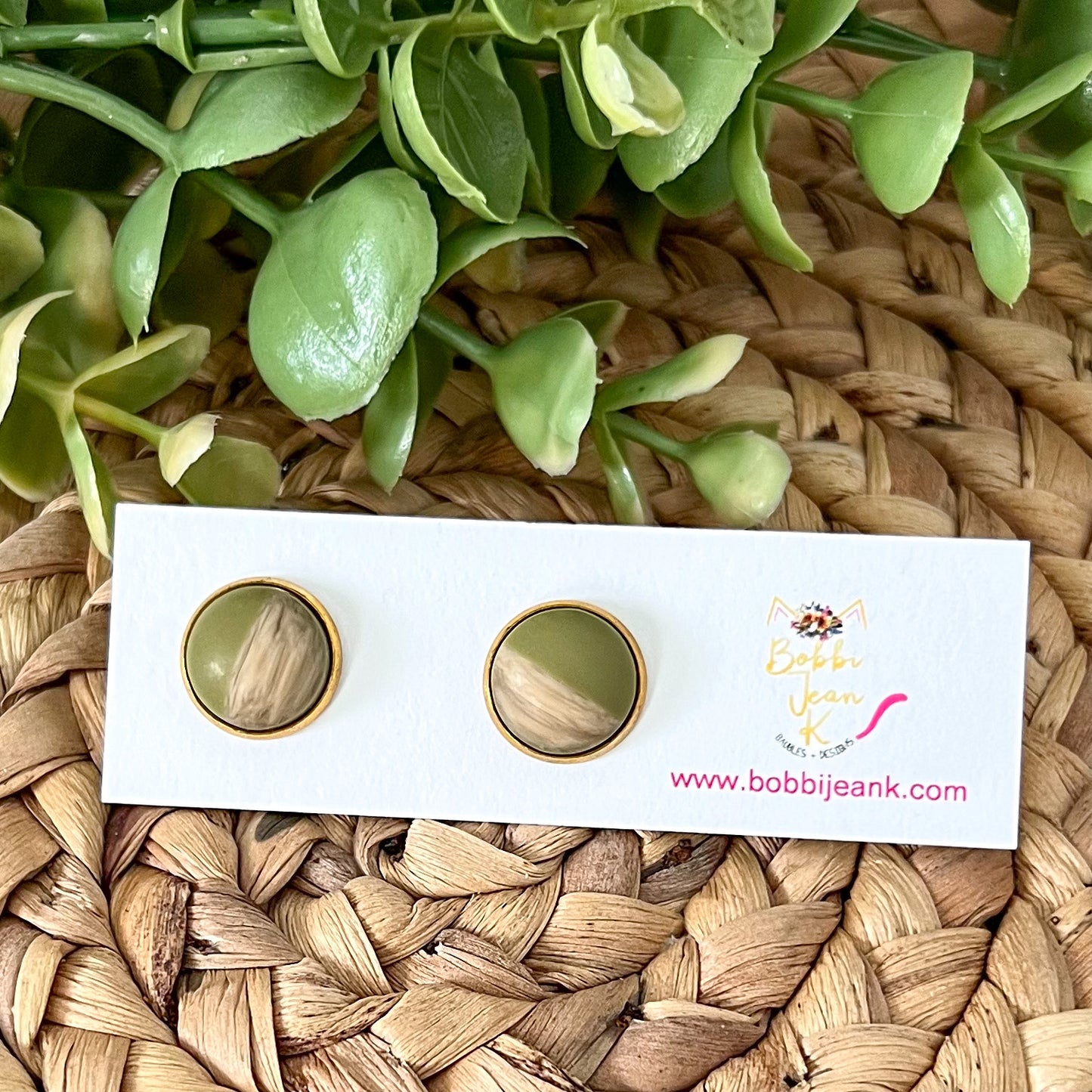 SALE: Olive Green Wood & Resin Studs 12mm: Choose Silver or Gold Settings - LAST CHANCE