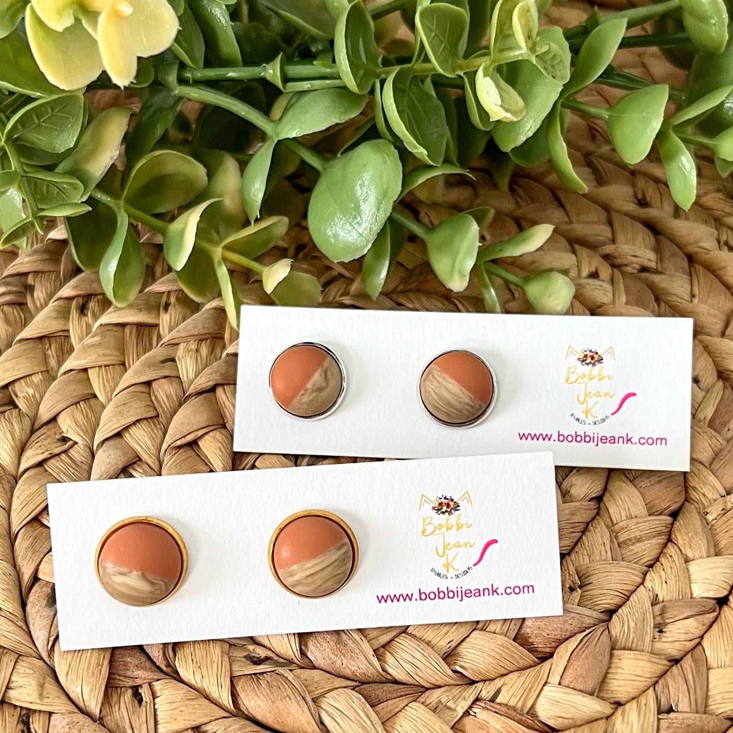 SALE: Salmon Wood & Resin Studs 12mm: Choose Silver or Gold Settings - LAST CHANCE