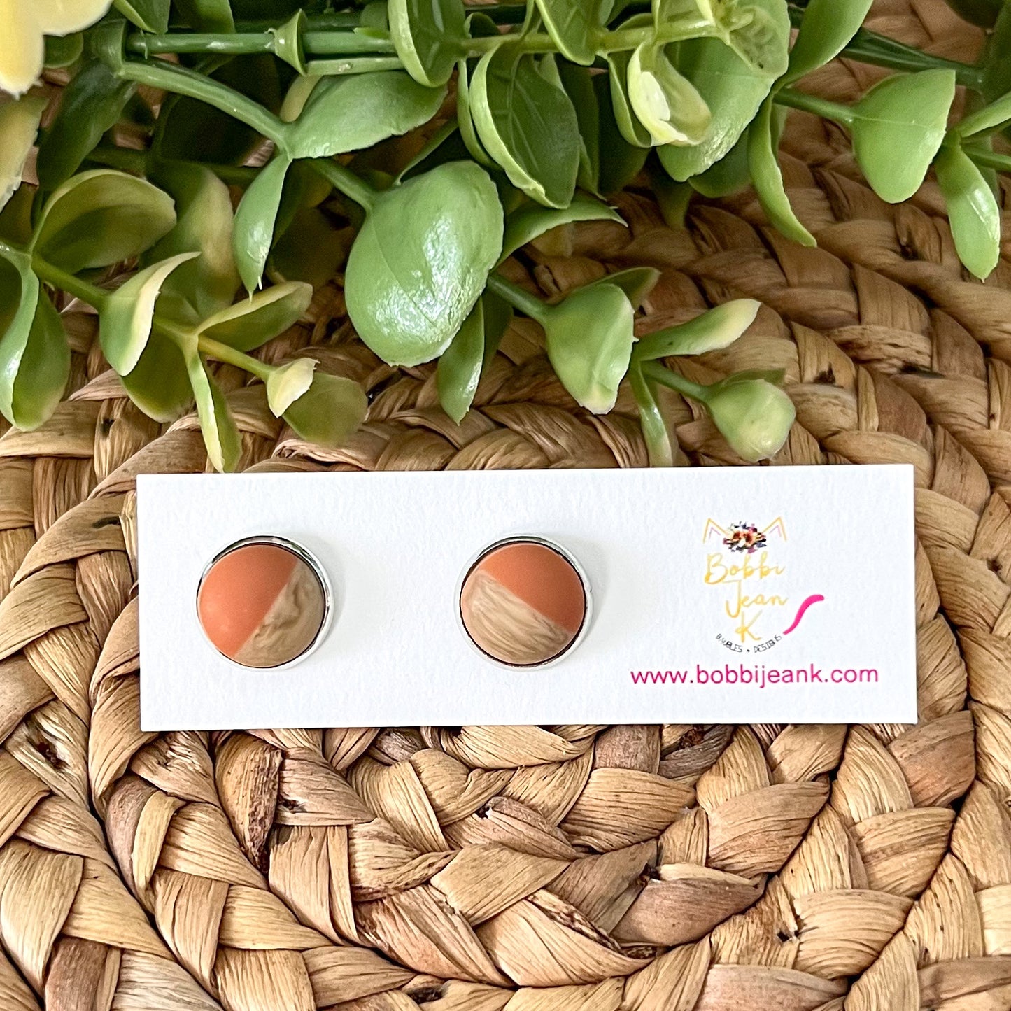 SALE: Salmon Wood & Resin Studs 12mm: Choose Silver or Gold Settings - LAST CHANCE