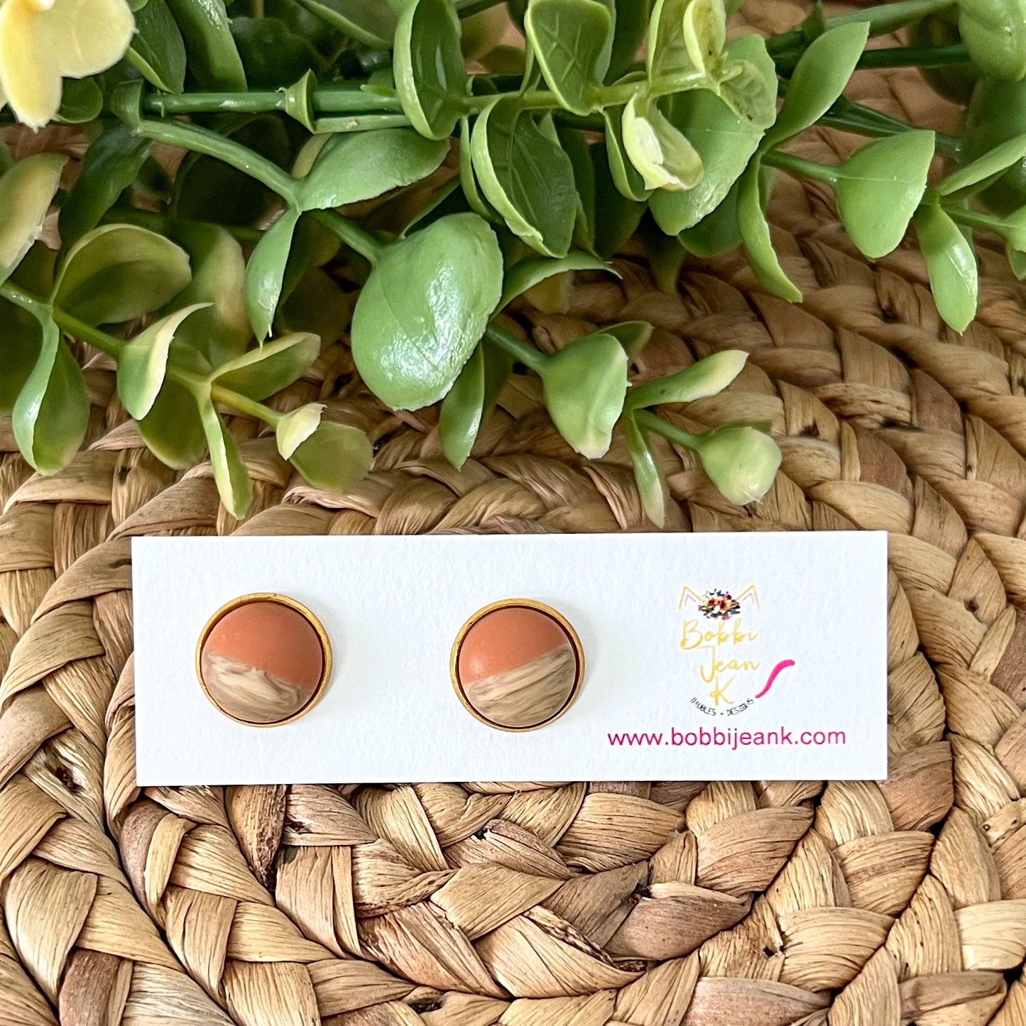 SALE: Salmon Wood & Resin Studs 12mm: Choose Silver or Gold Settings - LAST CHANCE