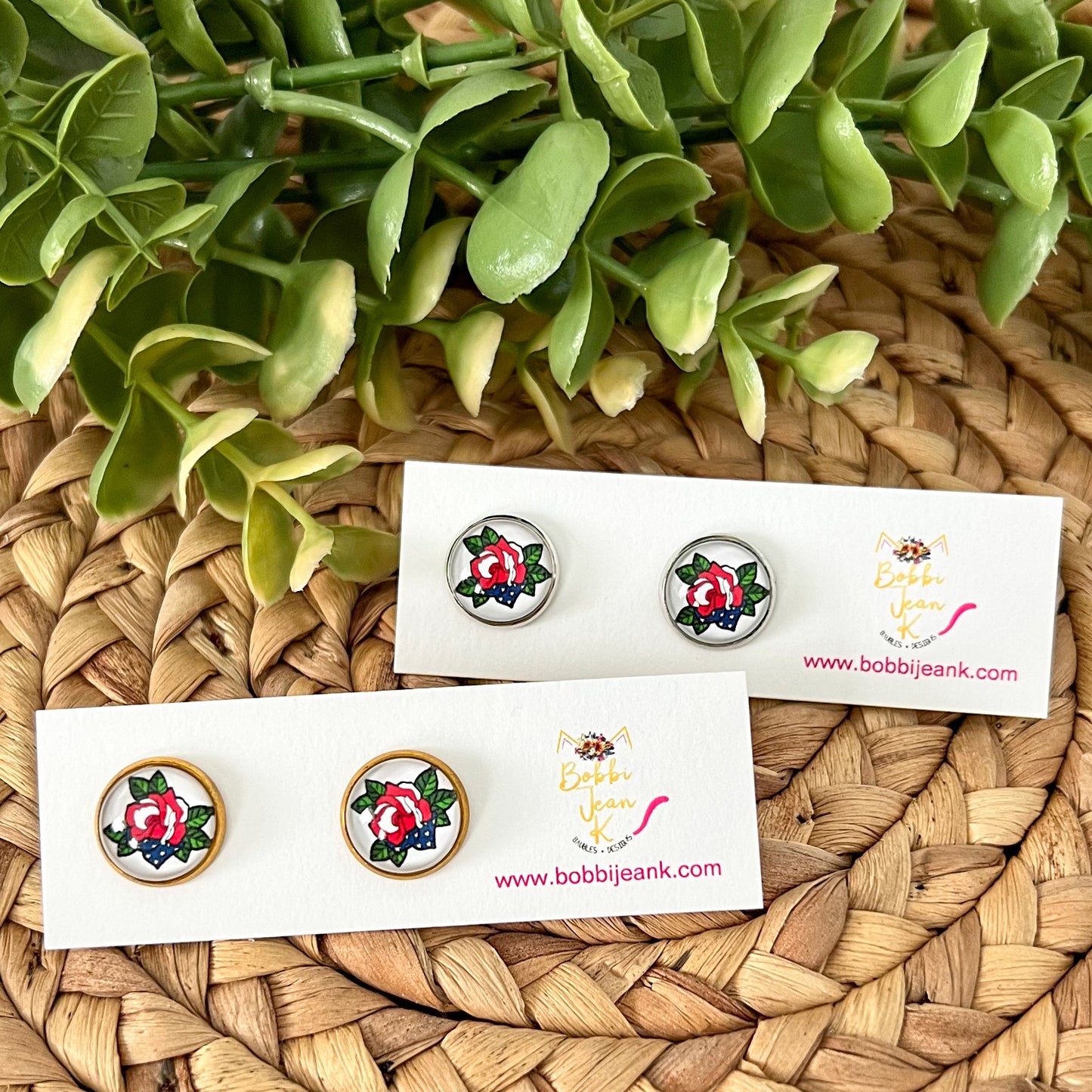 SALE: Americana Rose Glass Studs 12mm: Choose Silver or Gold Settings - LAST CHANCE