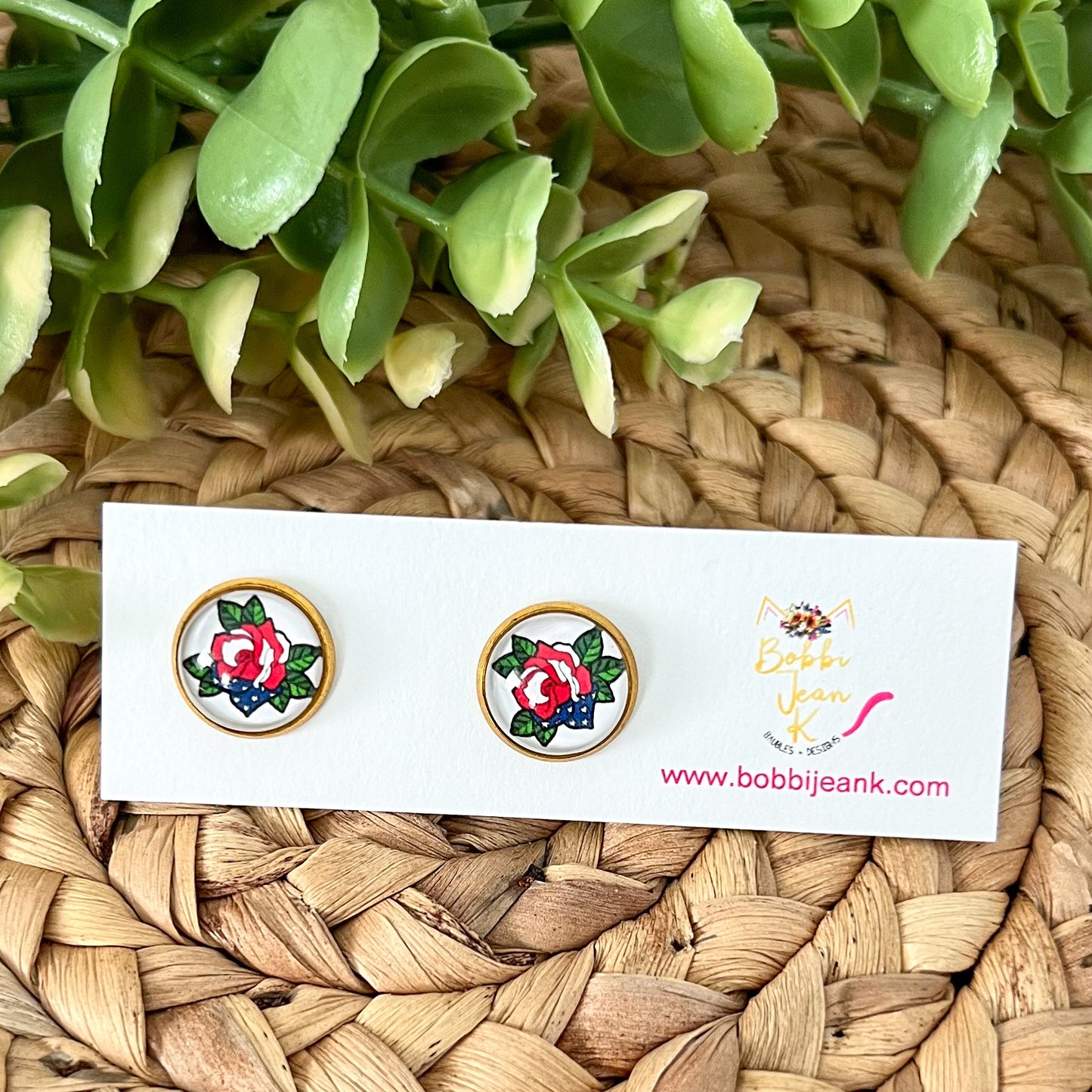 SALE: Americana Rose Glass Studs 12mm: Choose Silver or Gold Settings - LAST CHANCE