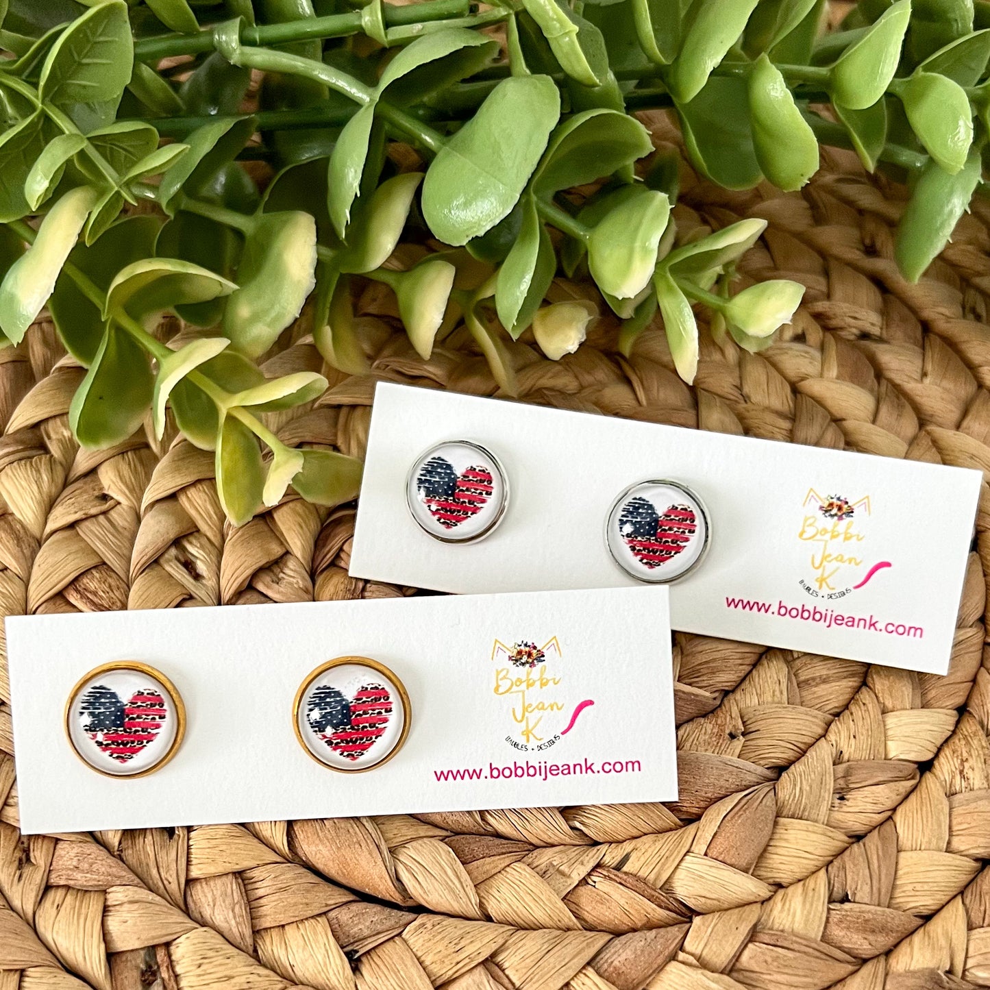 SALE: Americana Leopard Heart Glass Studs 12mm: Choose Silver or Gold Settings - ONLY ONE LEFT