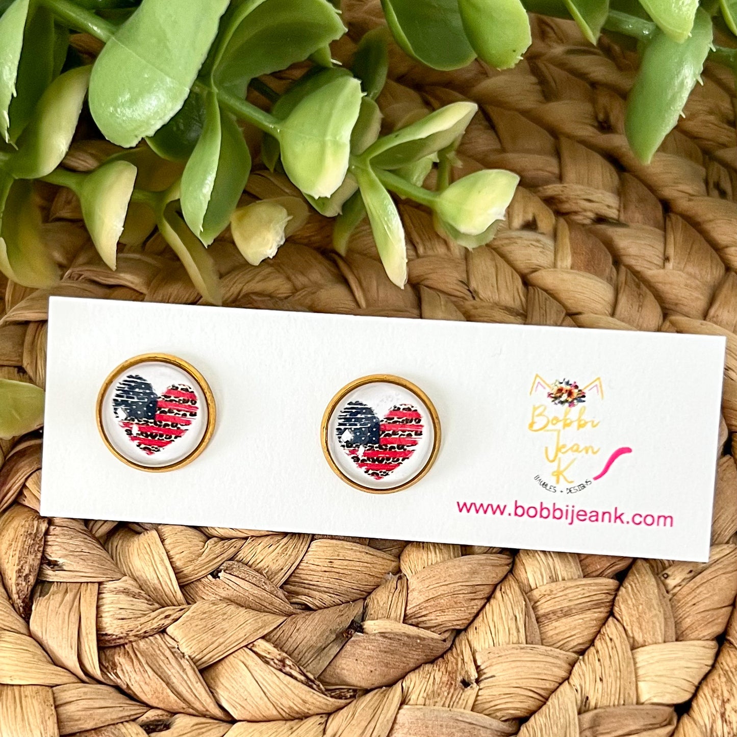 SALE: Americana Leopard Heart Glass Studs 12mm: Choose Silver or Gold Settings - ONLY ONE LEFT