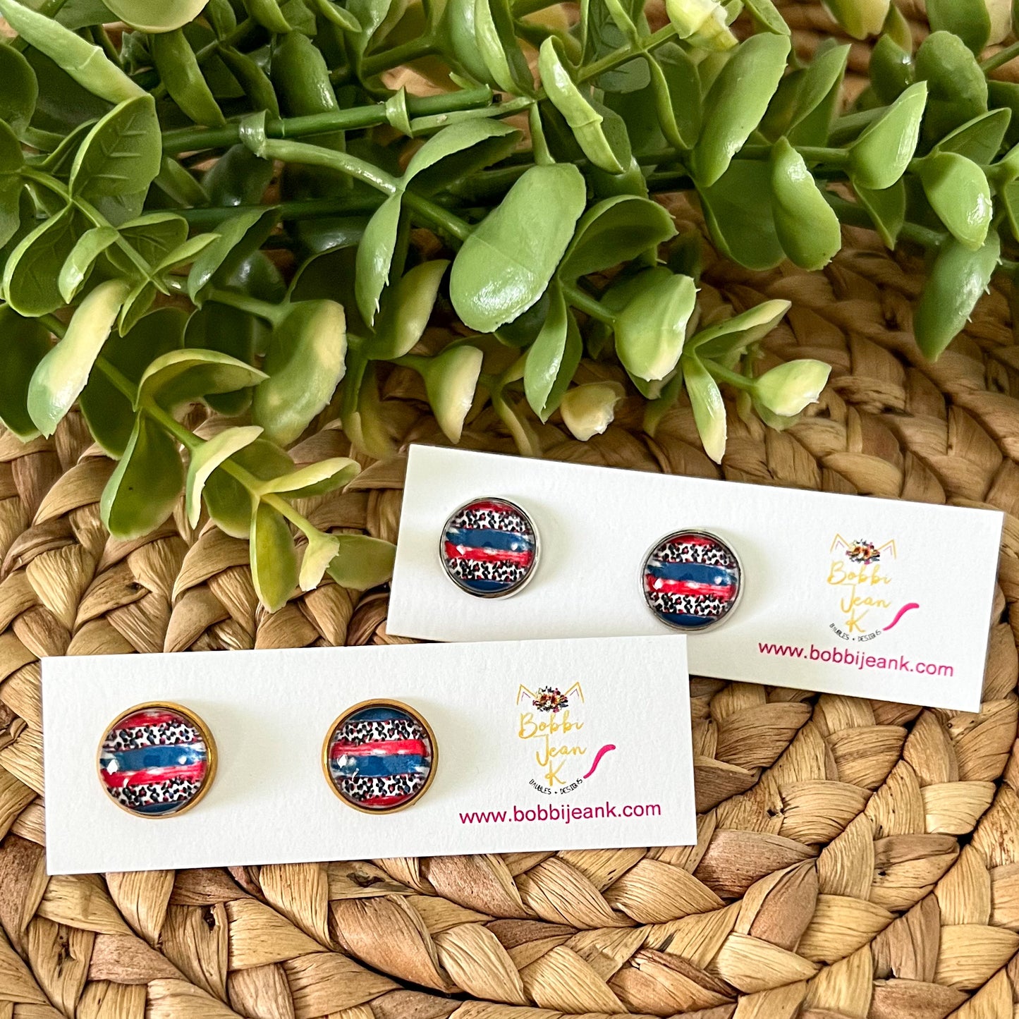 SALE: Americana Leopard Striped Glass Studs 12mm: Choose Silver or Gold Settings - LAST CHANCE