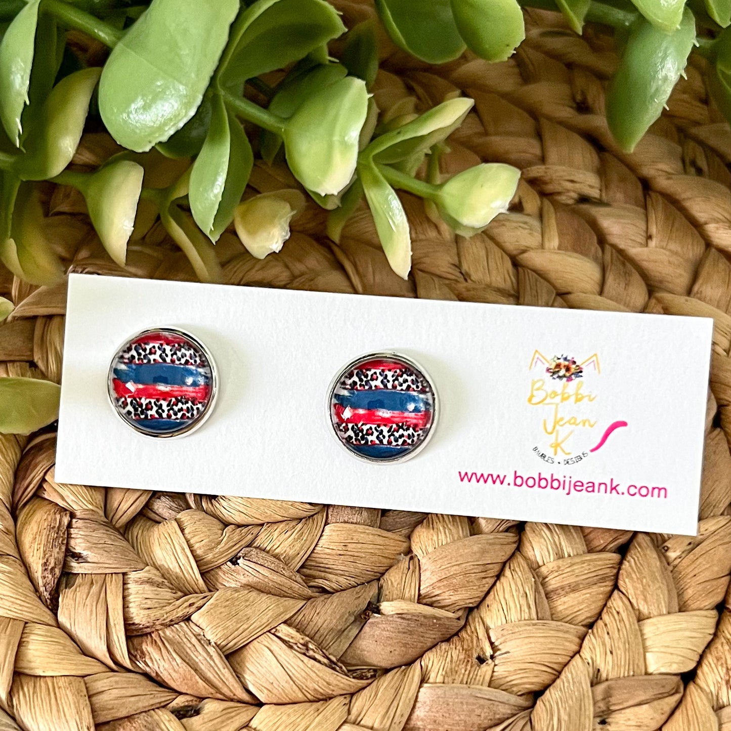 SALE: Americana Leopard Striped Glass Studs 12mm: Choose Silver or Gold Settings - LAST CHANCE