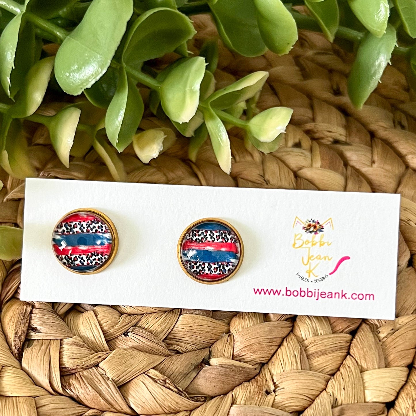 SALE: Americana Leopard Striped Glass Studs 12mm: Choose Silver or Gold Settings - LAST CHANCE