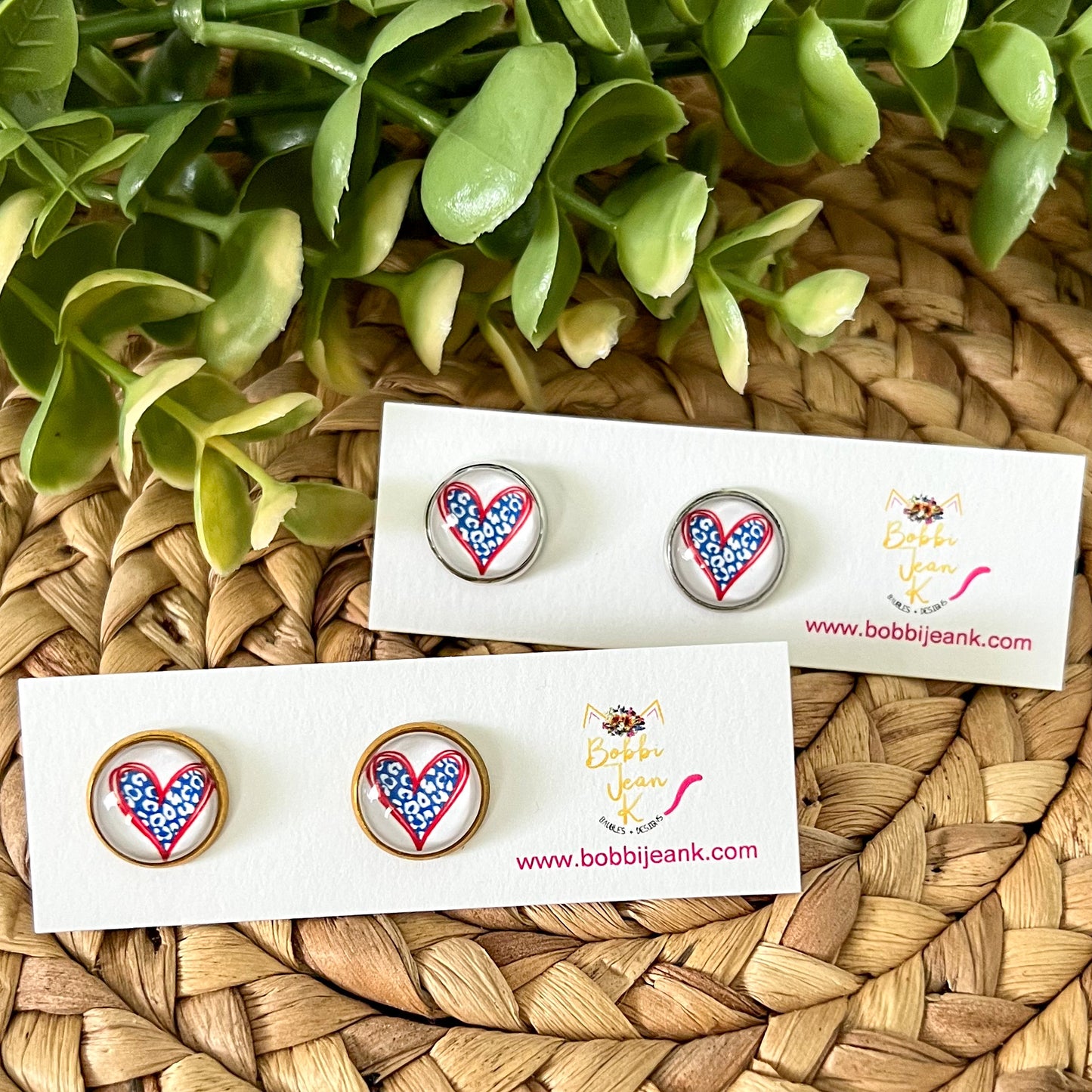 SALE: Blue Leopard Heart Glass Studs 12mm: Choose Silver or Gold Settings - LAST CHANCE