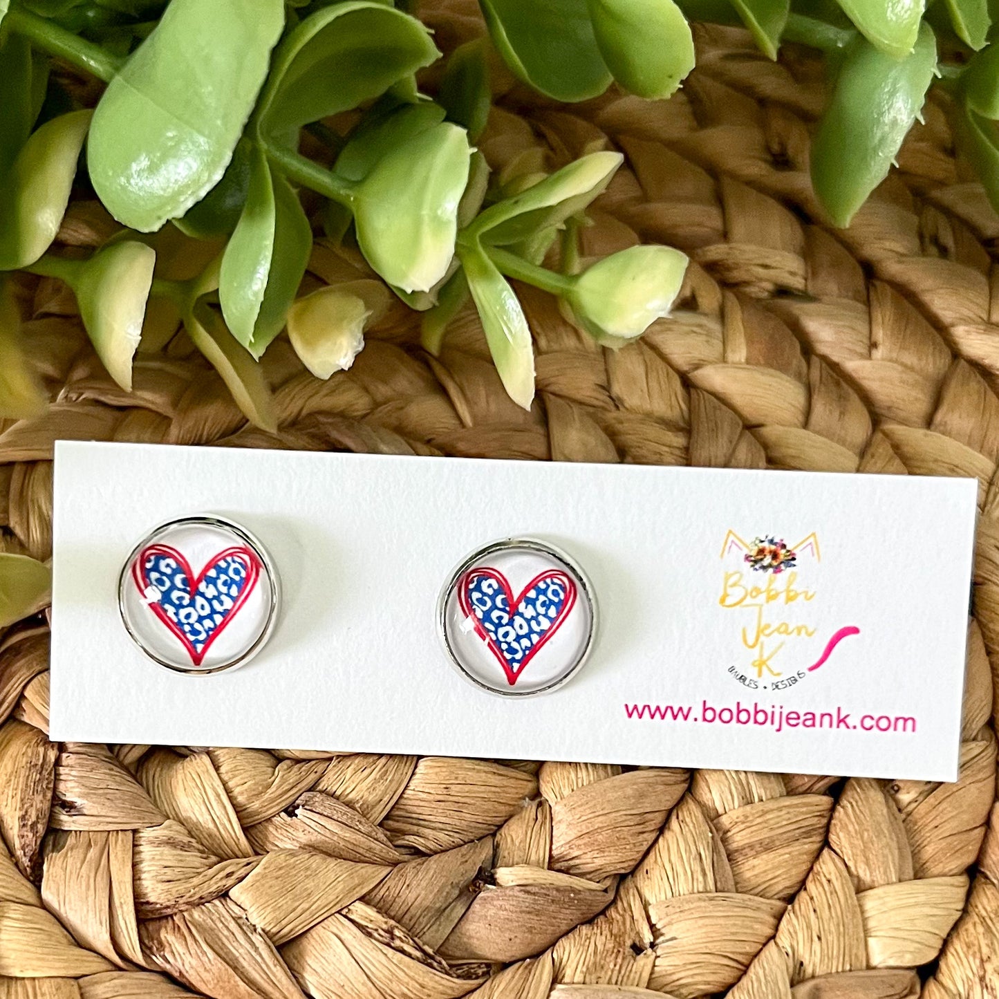 SALE: Blue Leopard Heart Glass Studs 12mm: Choose Silver or Gold Settings - LAST CHANCE