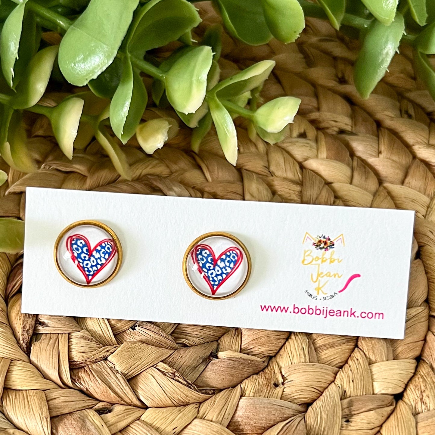 SALE: Blue Leopard Heart Glass Studs 12mm: Choose Silver or Gold Settings - LAST CHANCE