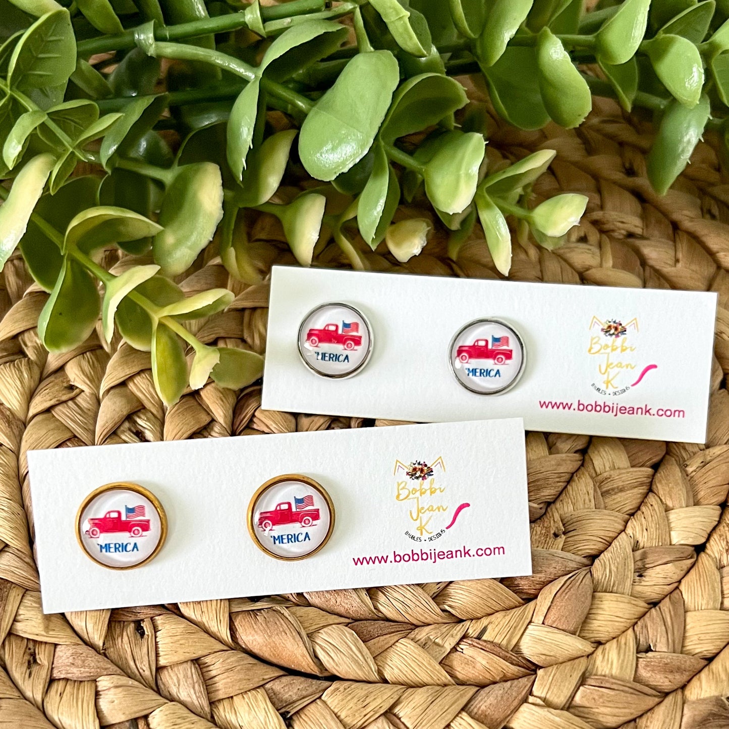 SALE: 'Merica Red Truck Glass Studs 12mm: Choose Silver or Gold Settings - LAST CHANCE