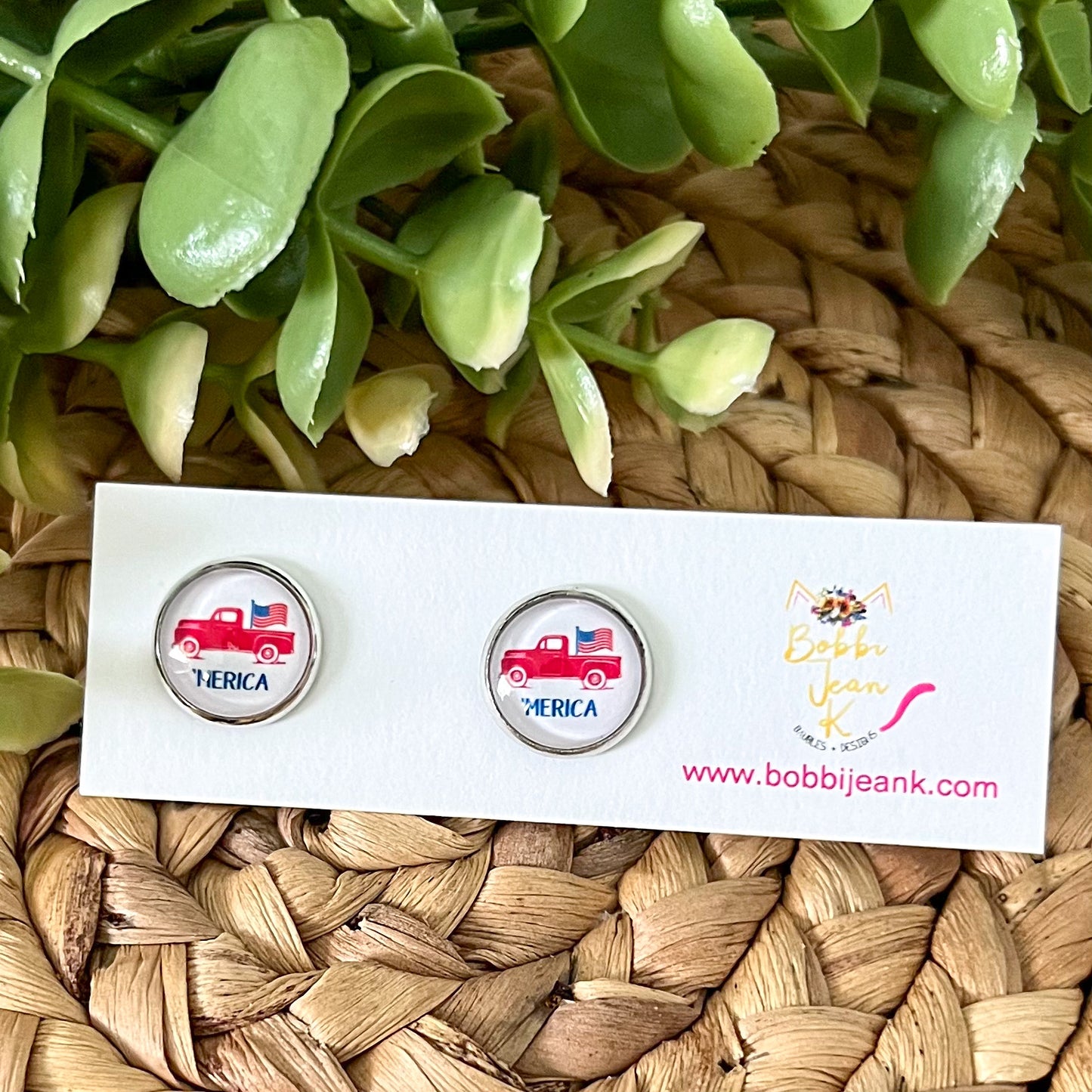 SALE: 'Merica Red Truck Glass Studs 12mm: Choose Silver or Gold Settings - LAST CHANCE