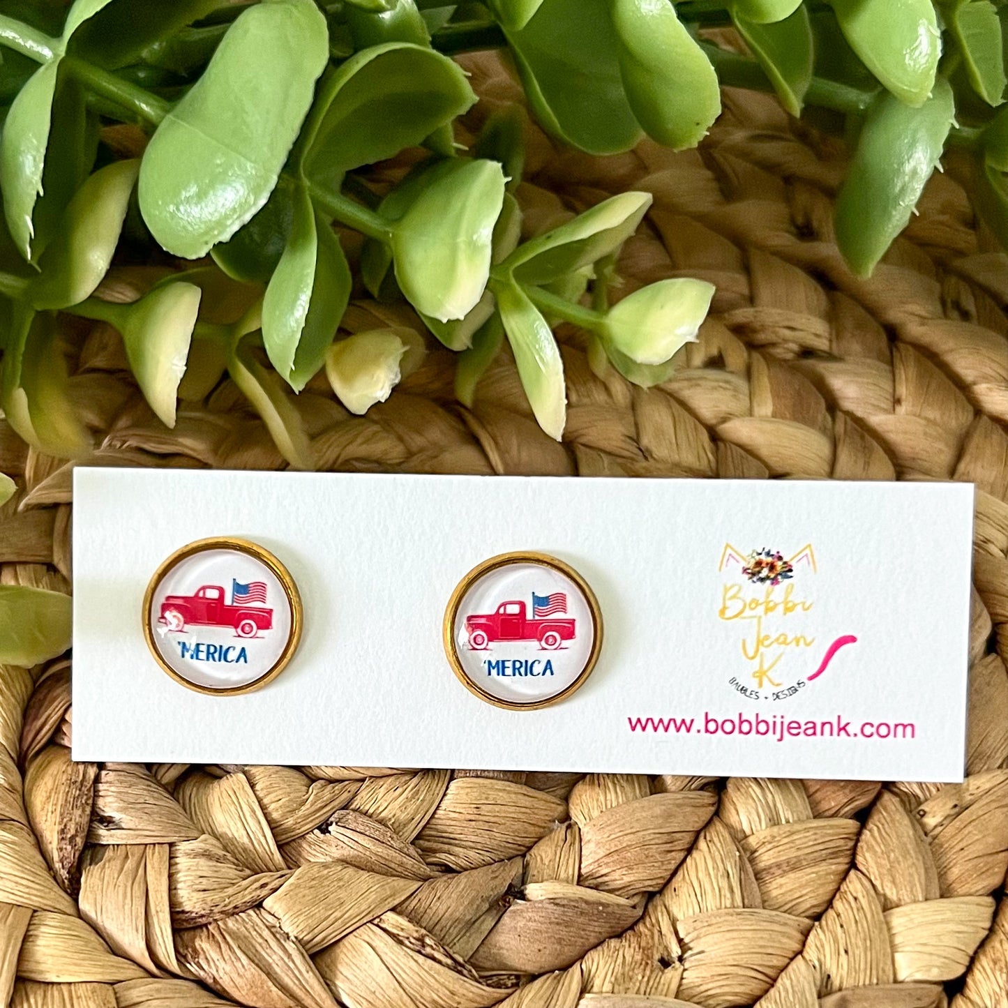 SALE: 'Merica Red Truck Glass Studs 12mm: Choose Silver or Gold Settings - LAST CHANCE