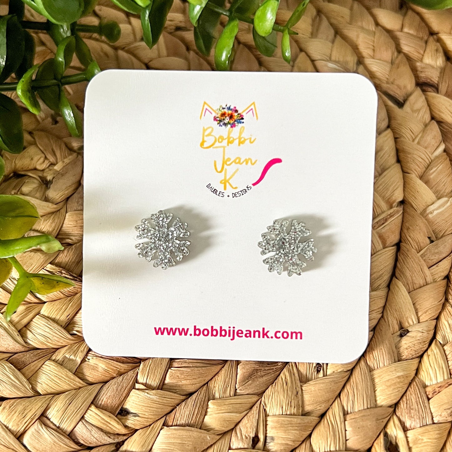 Snowflake Shape Glittered Acrylic Studs: Choose From Blue, Gold, or Silver