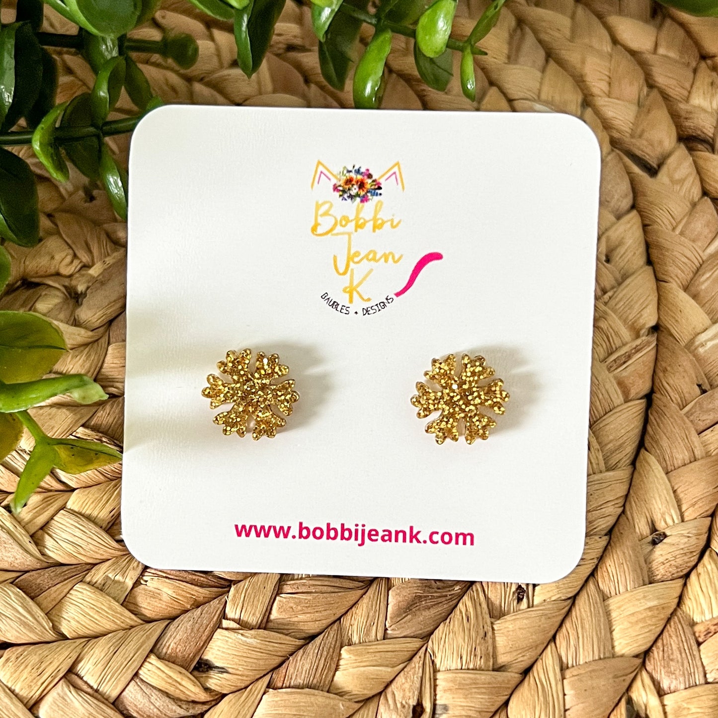 Snowflake Shape Glittered Acrylic Studs: Choose From Blue, Gold, or Silver