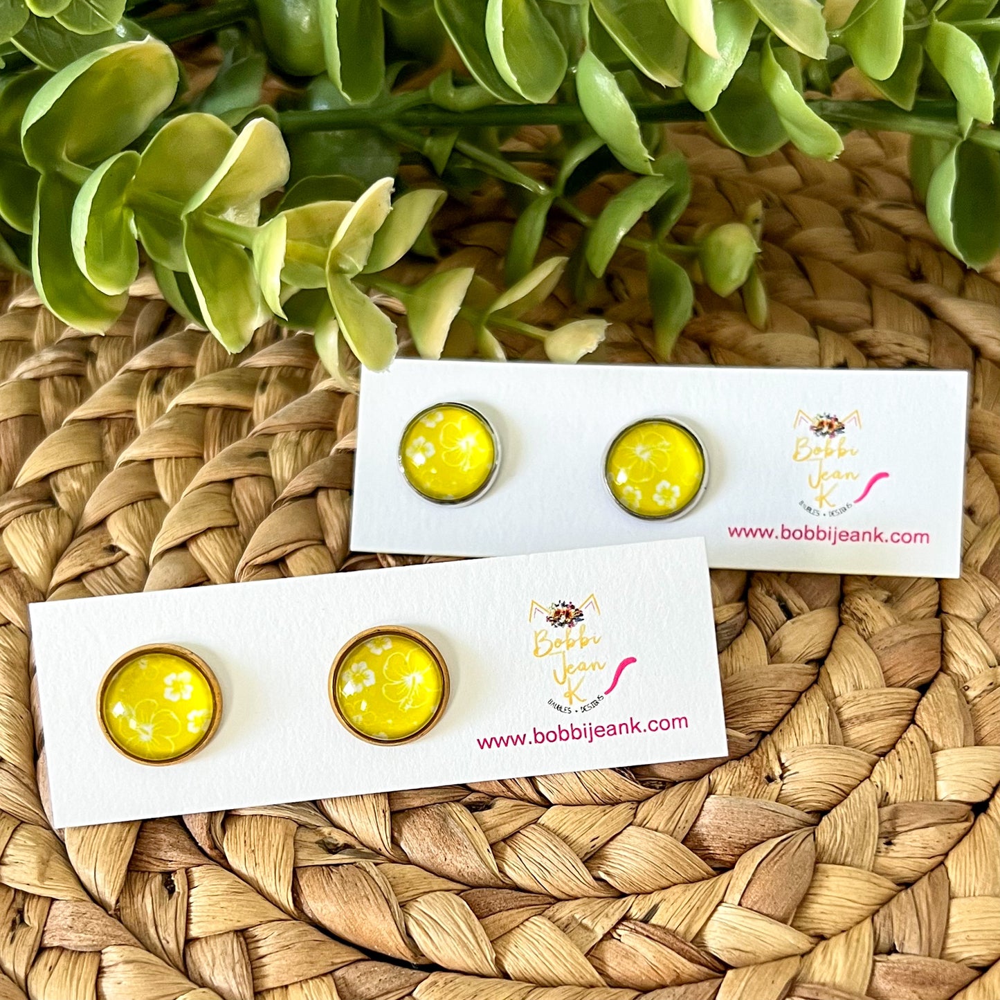 SALE: Yellow Hawaiian Floral Glass Studs 12mm: Choose Silver or Gold Settings - LAST CHANCE