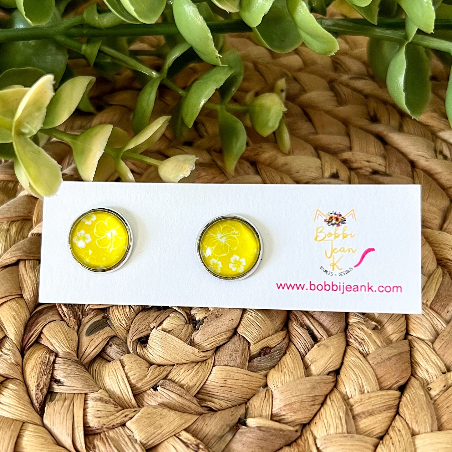 SALE: Yellow Hawaiian Floral Glass Studs 12mm: Choose Silver or Gold Settings - LAST CHANCE