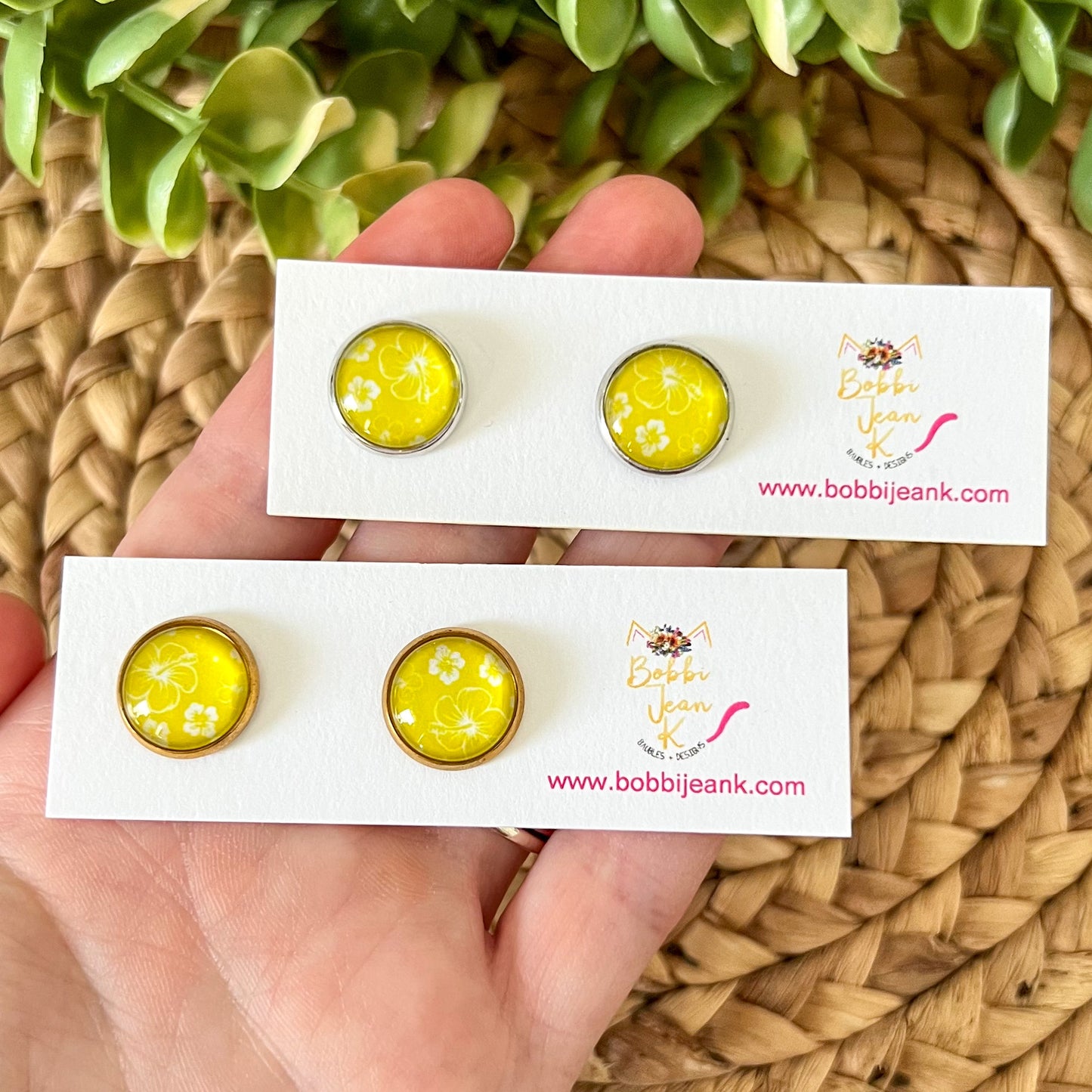 SALE: Yellow Hawaiian Floral Glass Studs 12mm: Choose Silver or Gold Settings - LAST CHANCE