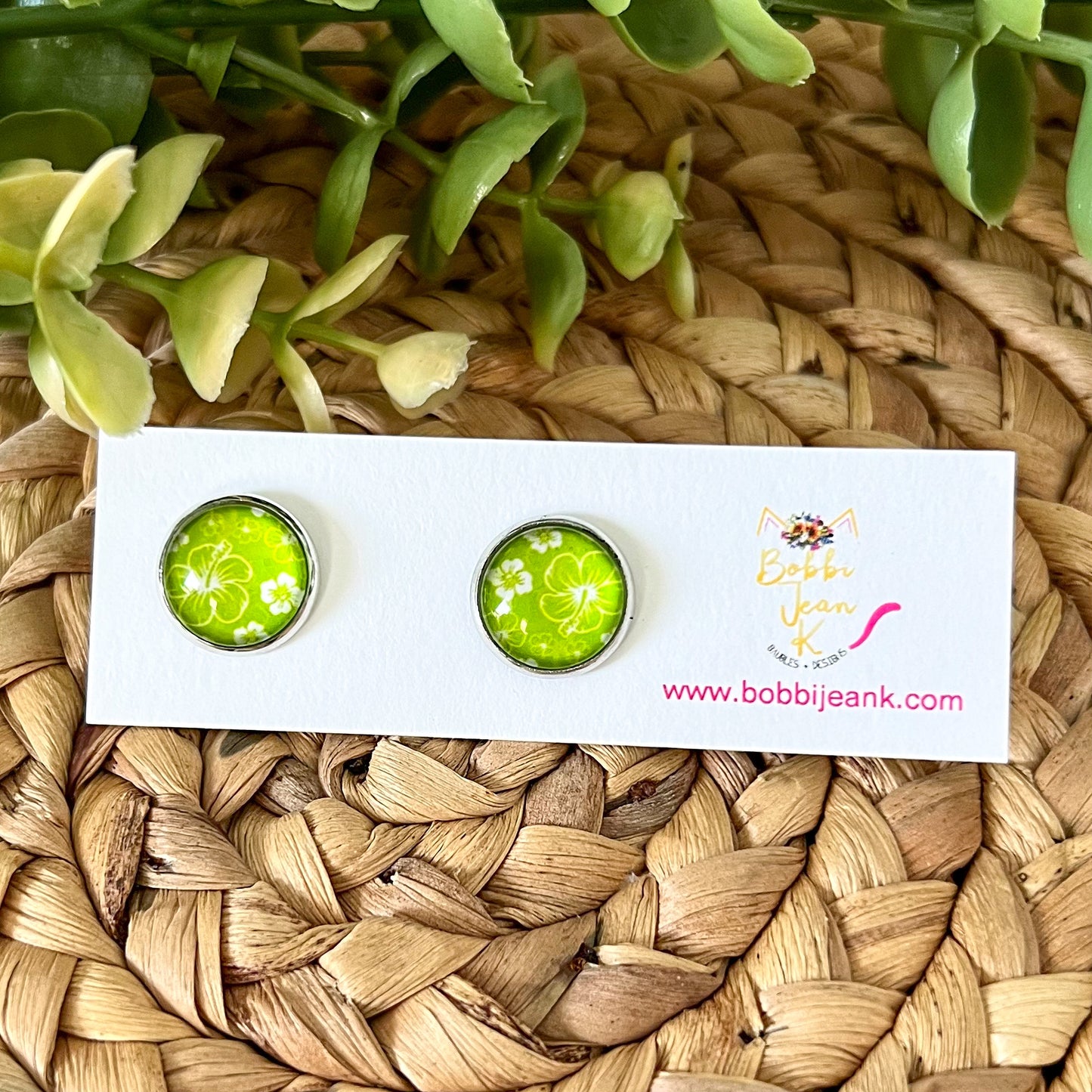SALE: Lime Green Hawaiian Floral Glass Studs 12mm: Choose Silver or Gold Settings - LAST CHANCE