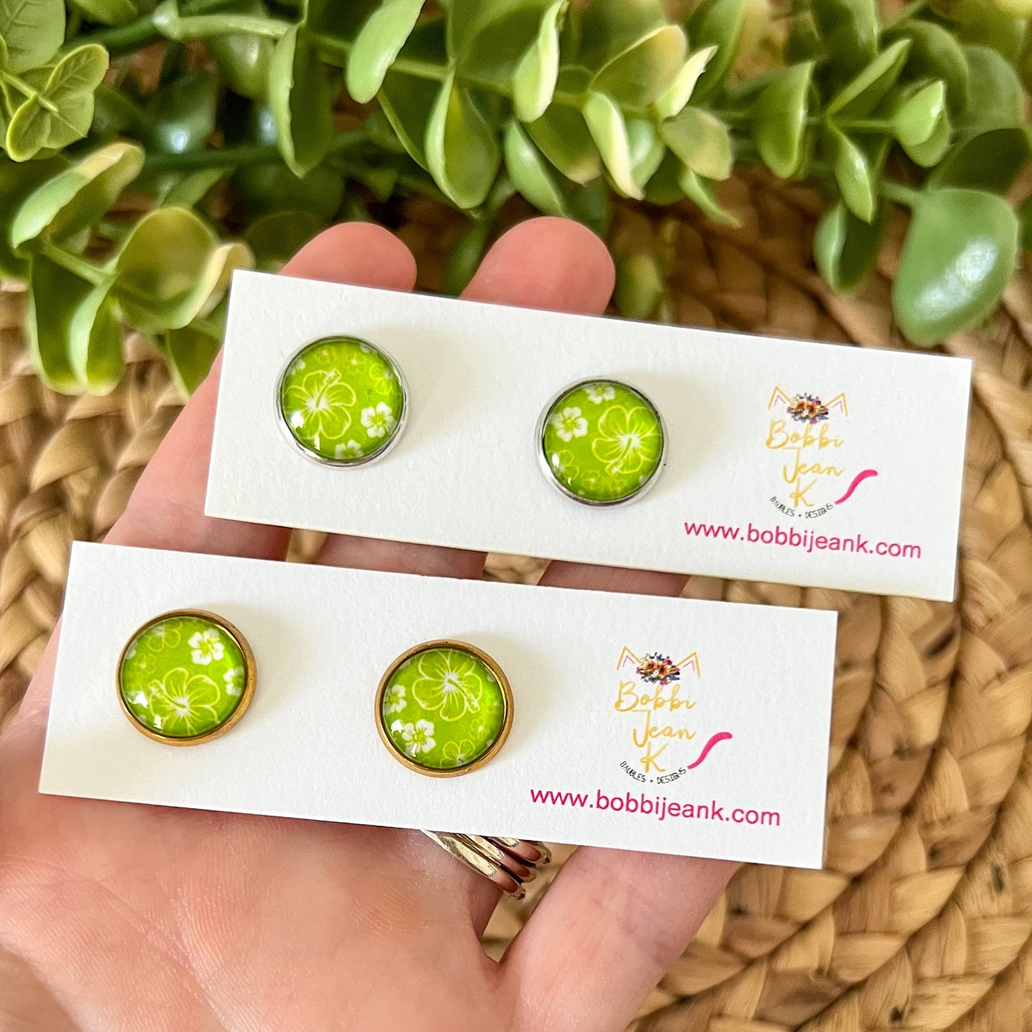 SALE: Lime Green Hawaiian Floral Glass Studs 12mm: Choose Silver or Gold Settings - LAST CHANCE