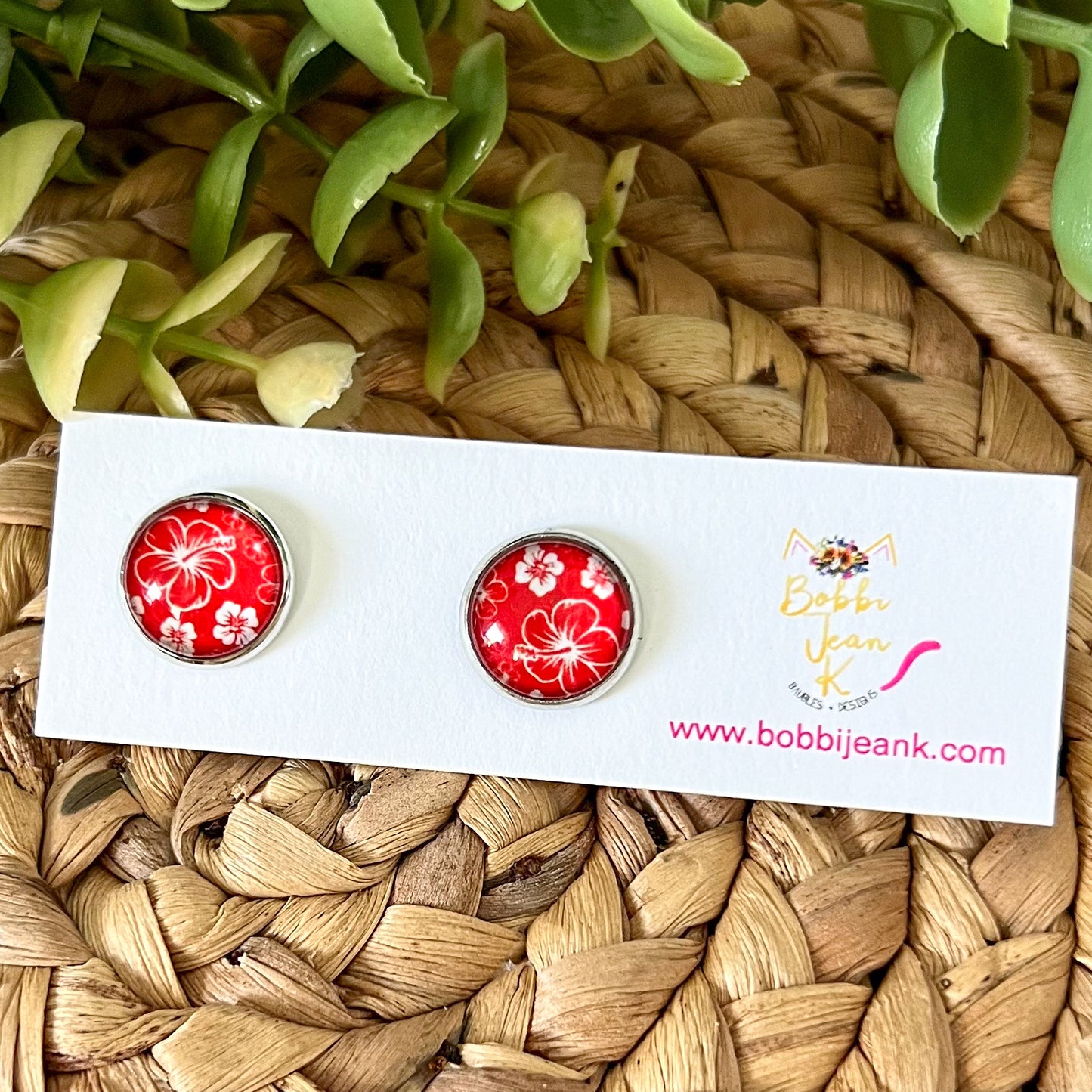 SALE: Red Hawaiian Floral Glass Studs 12mm: Choose Silver or Gold Settings - LAST CHANCE