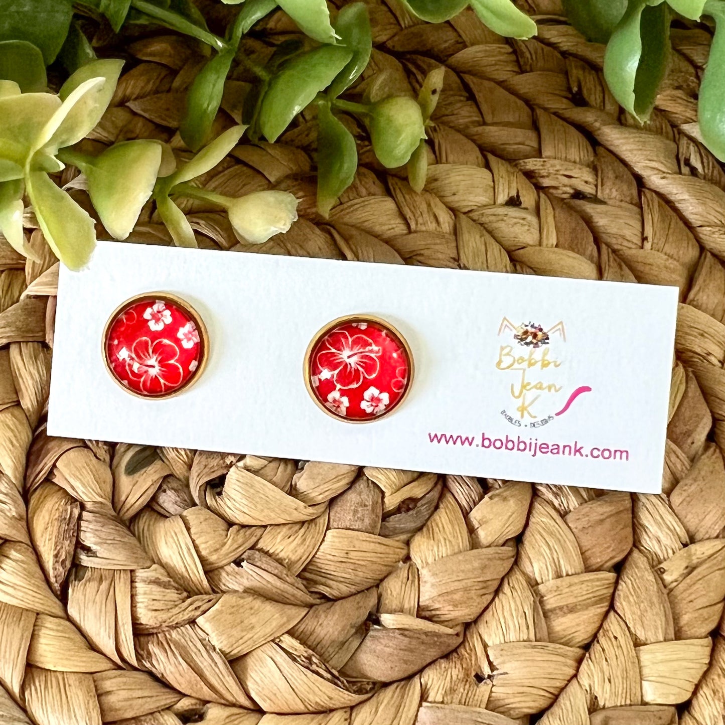 SALE: Red Hawaiian Floral Glass Studs 12mm: Choose Silver or Gold Settings - LAST CHANCE