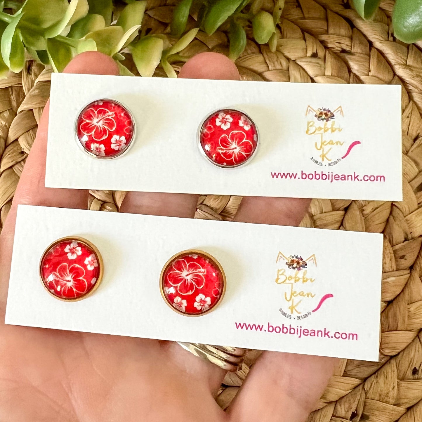 SALE: Red Hawaiian Floral Glass Studs 12mm: Choose Silver or Gold Settings - LAST CHANCE