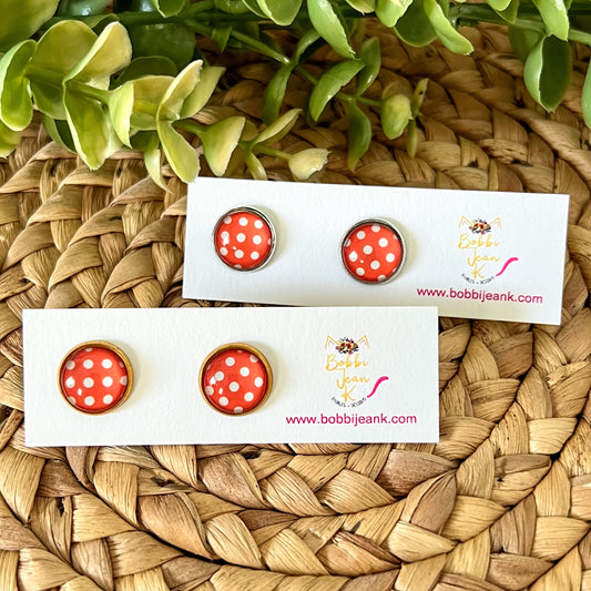SALE: Coral Polka Dotted Glass Studs 12mm: Choose Silver or Gold Settings - ONLY 2 LEFT