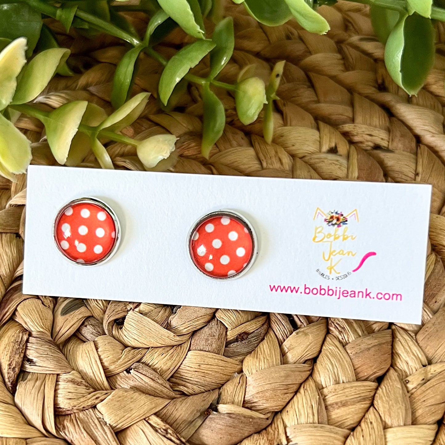 SALE: Coral Polka Dotted Glass Studs 12mm: Choose Silver or Gold Settings - ONLY 2 LEFT