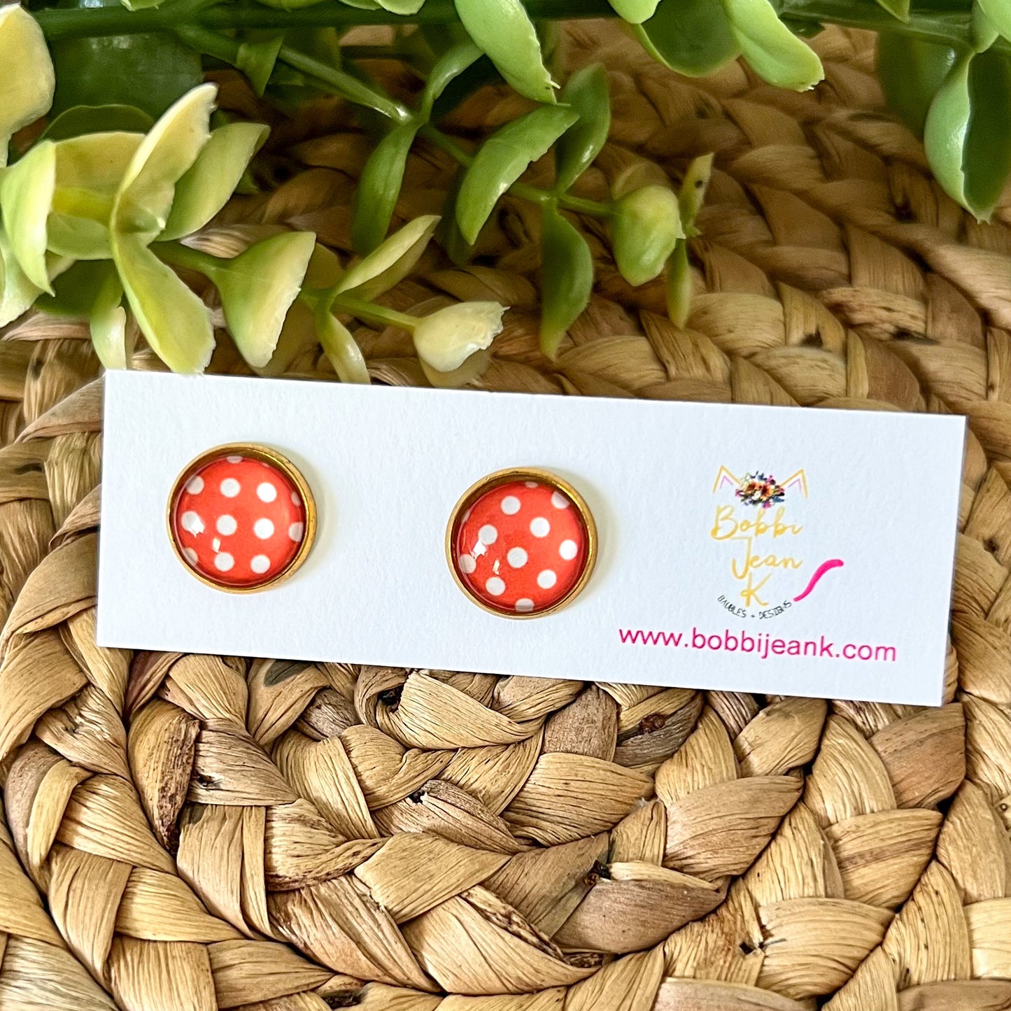 SALE: Coral Polka Dotted Glass Studs 12mm: Choose Silver or Gold Settings - ONLY 2 LEFT