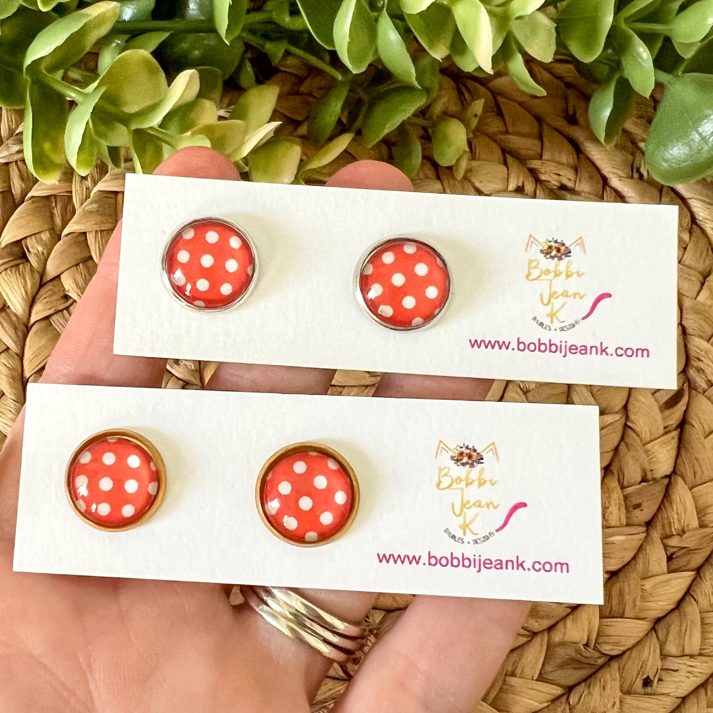 SALE: Coral Polka Dotted Glass Studs 12mm: Choose Silver or Gold Settings - ONLY 2 LEFT