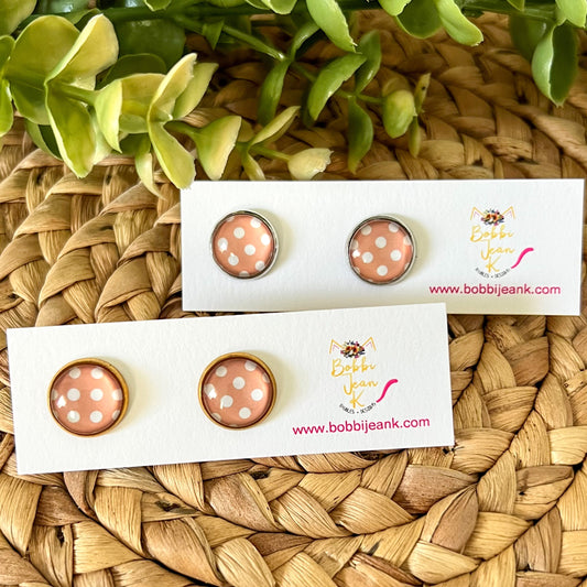 SALE: Blush Beige Polka Dotted Glass Studs 12mm: Choose Silver or Gold Settings - ONLY 2 LEFT