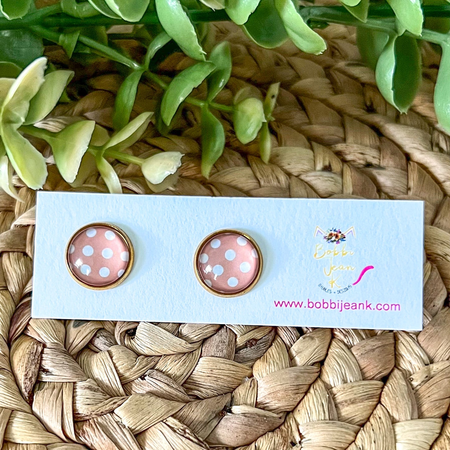 SALE: Blush Beige Polka Dotted Glass Studs 12mm: Choose Silver or Gold Settings - ONLY 2 LEFT
