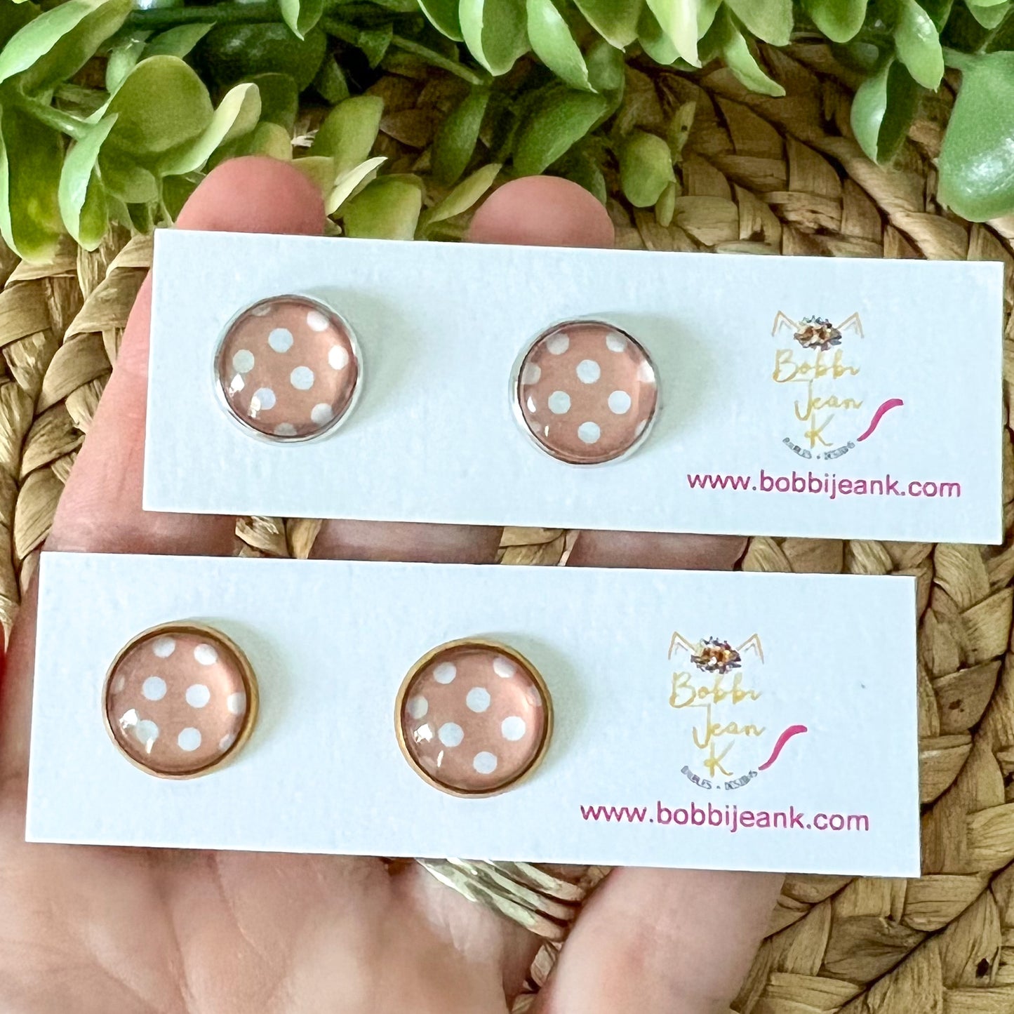 SALE: Blush Beige Polka Dotted Glass Studs 12mm: Choose Silver or Gold Settings - ONLY 2 LEFT