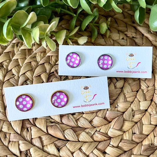 Lilac Polka Dotted Glass Studs 12mm: Choose Silver or Gold Settings