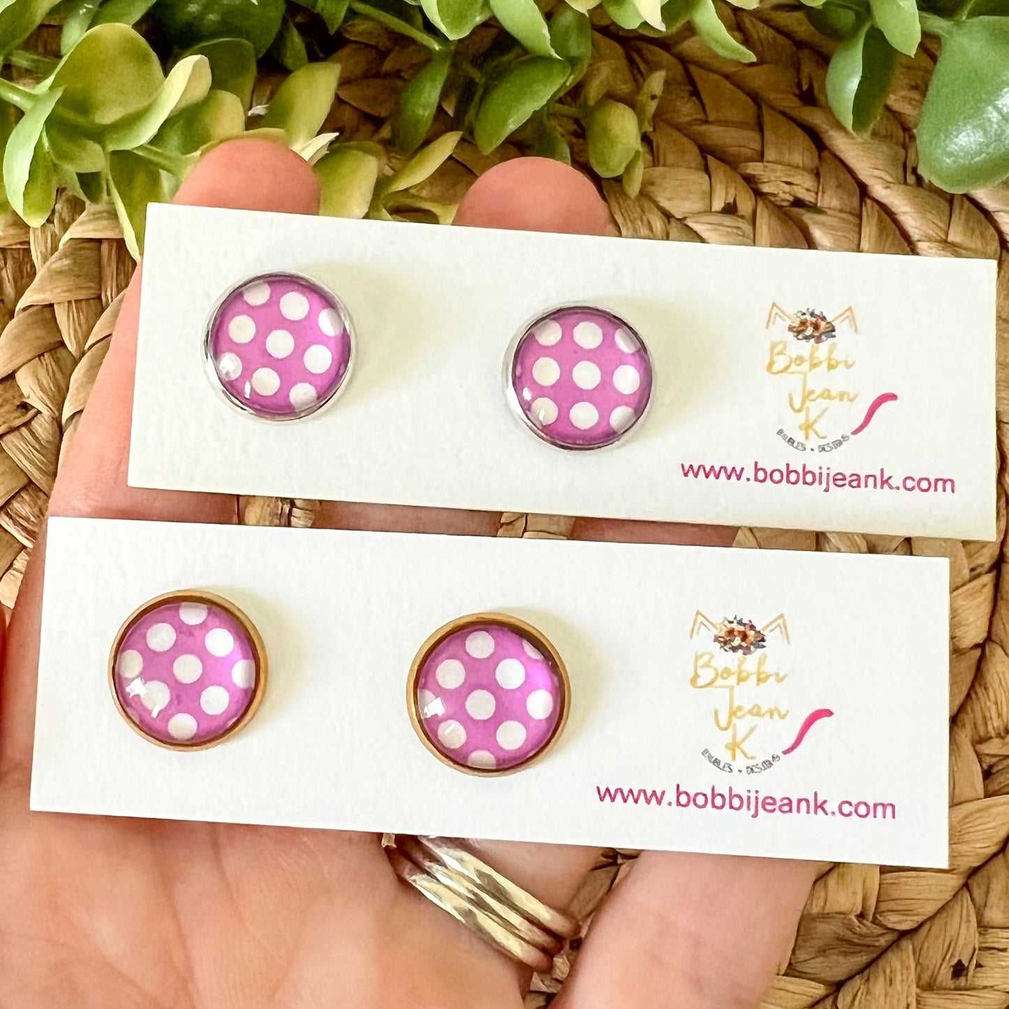 SALE: Lilac Polka Dotted Glass Studs 12mm: Choose Silver or Gold Settings - LAST CHANCE