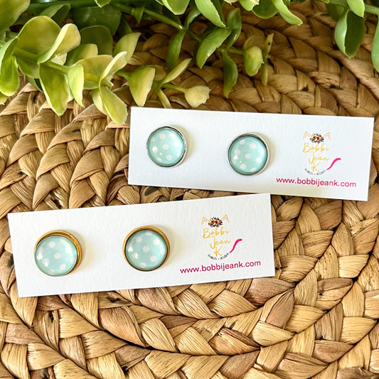 SALE: Mint Polka Dotted Glass Studs 12mm: Choose Silver or Gold Settings - LAST CHANCE