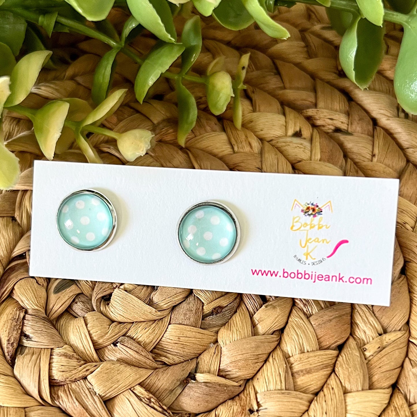 SALE: Mint Polka Dotted Glass Studs 12mm: Choose Silver or Gold Settings - LAST CHANCE