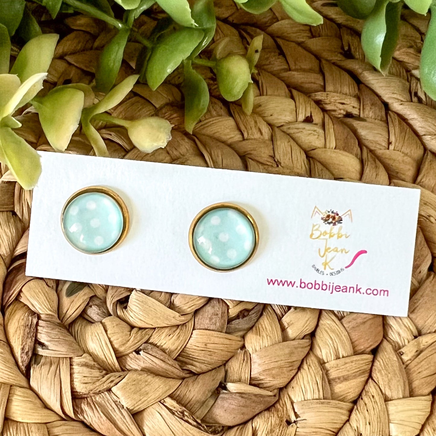 SALE: Mint Polka Dotted Glass Studs 12mm: Choose Silver or Gold Settings - LAST CHANCE