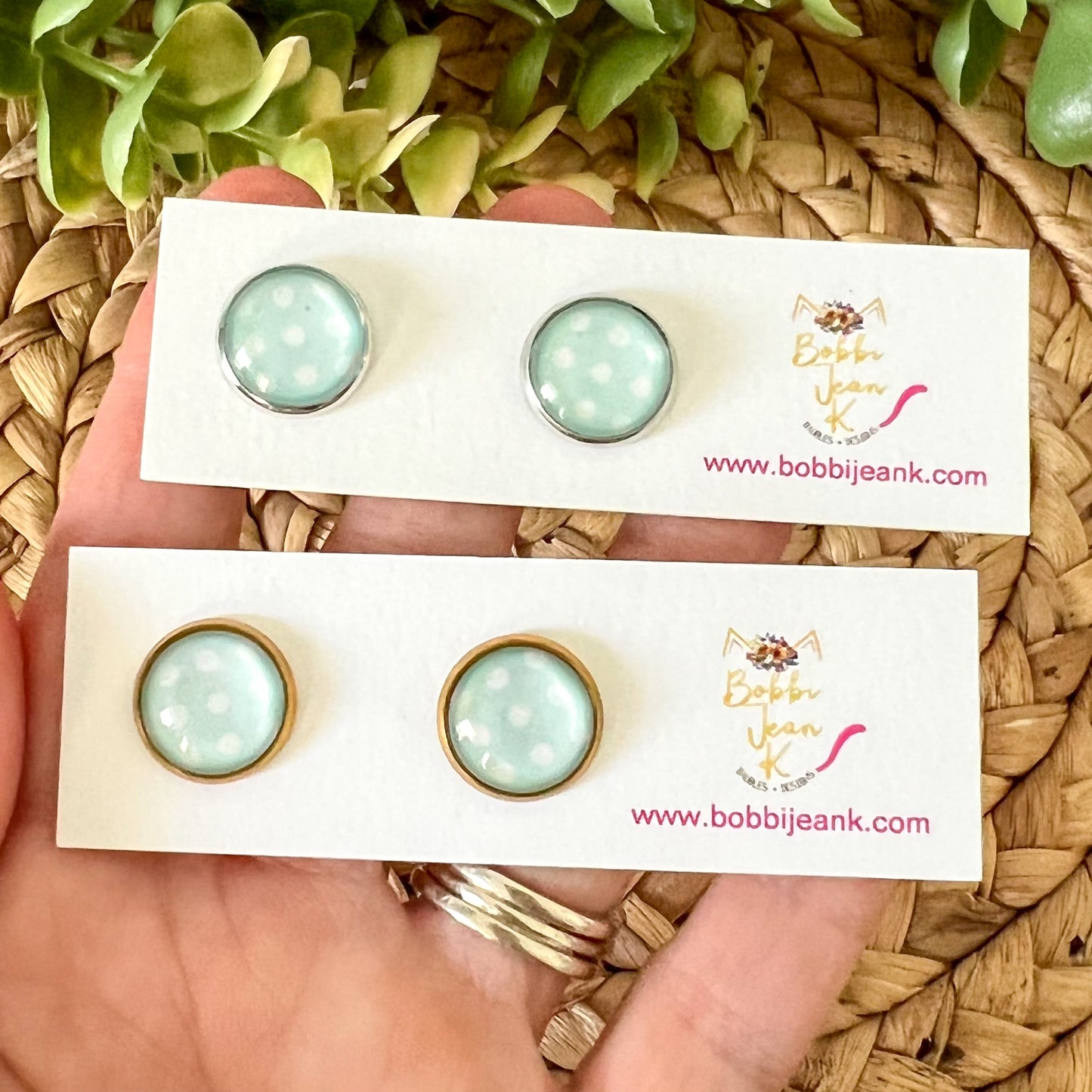SALE: Mint Polka Dotted Glass Studs 12mm: Choose Silver or Gold Settings - LAST CHANCE
