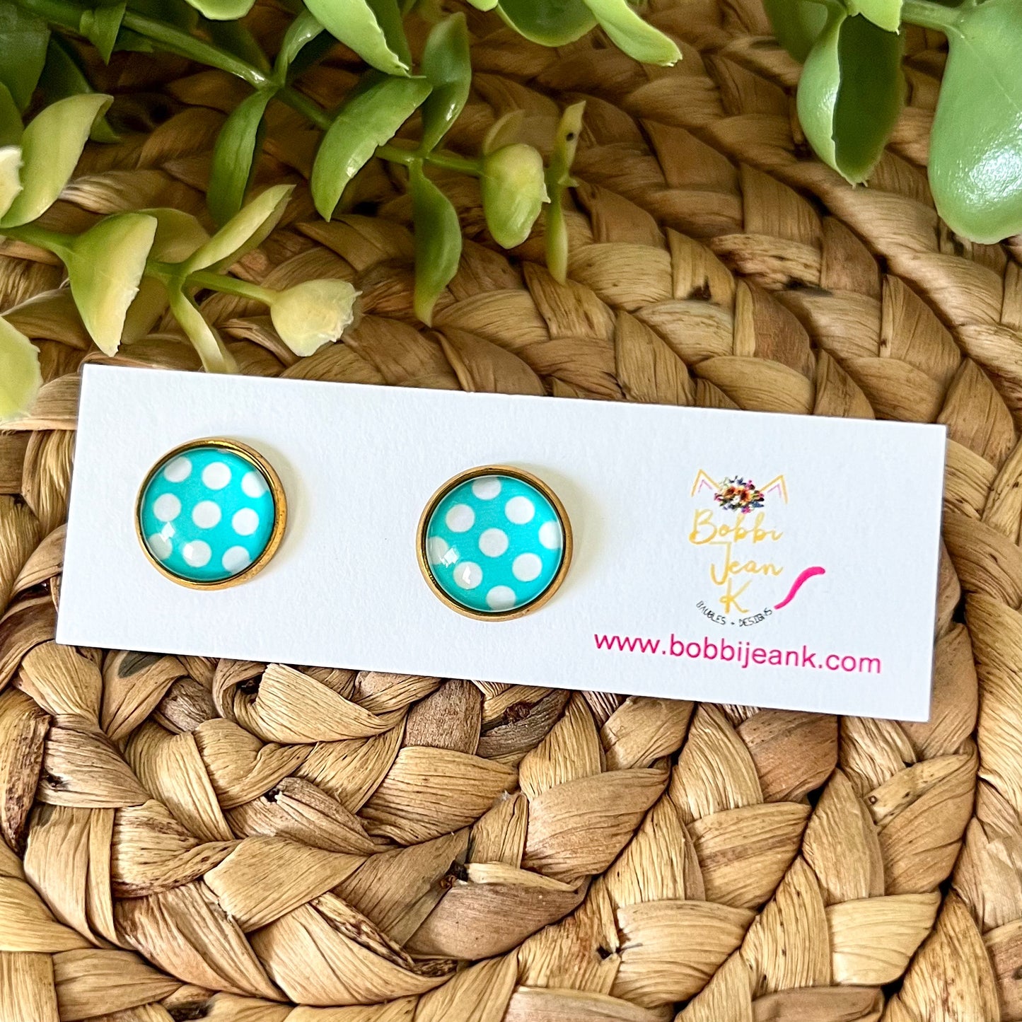 SALE: Turquoise Polka Dotted Glass Studs 12mm: Choose Silver or Gold Settings - ONLY 2 LEFT
